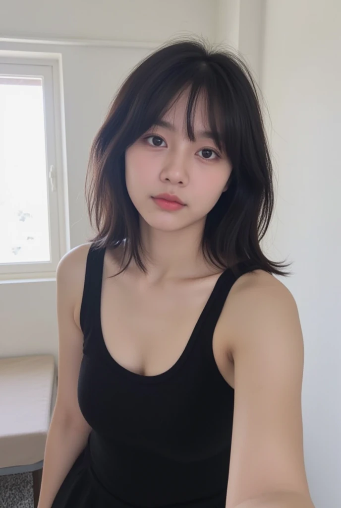 ((best quality, 8K, 32k,masterpiece :1.3)), a girl with personality,Have perfect and firm breasts,Highlights slim abdominal muscles :1.3, (short hair :1.2), Tight white low-cut vest :1.2, Ultra-thin face, Exquisite eyes, Double eyelids, Makeup, portrait,Facing the light source,Includes full upper body,The background is solid or blurry,Have smooth black hair,The picture clearly shows the details of the tail of the eye