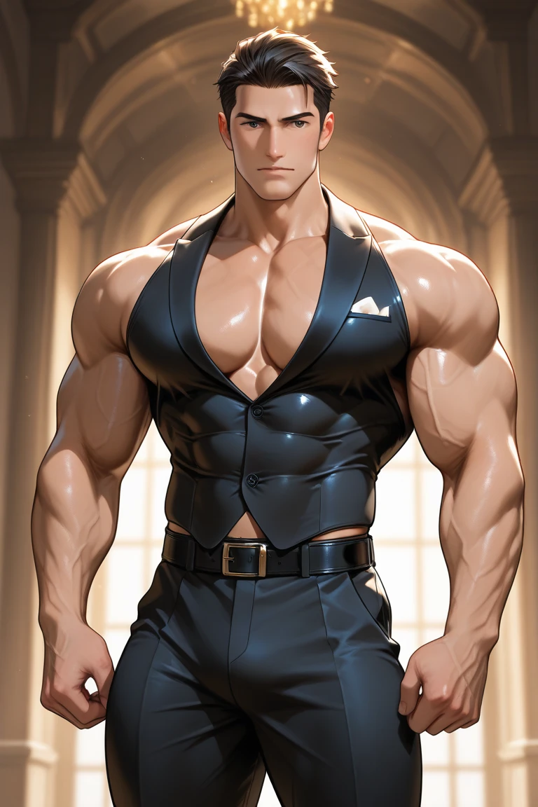 best quality,masterpiece,1boy, men,A handsome,mature man, militar, tank top. Looking at viewer, model shot. Brutalmass, giant, muscular physique, bulk. His features are well-proportioned and symmetrical,giving him a classic and handsome appearance. He is dressed in a stylish and sophisticated outfit,comprising a tailored suit jacket,crisp white shirt,and sleek black pants. Overall,the man exudes charisma,charm,and an air of sophistication and refinement.,Gothic,skyscraper,wood,