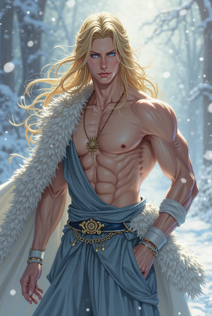 (best quality), masterpiece, ultra-detailed, old guy, beard, muscular physique,full body portrait,blonde hair, intense blue eyes, stream, forest, hairly chest, loincloth