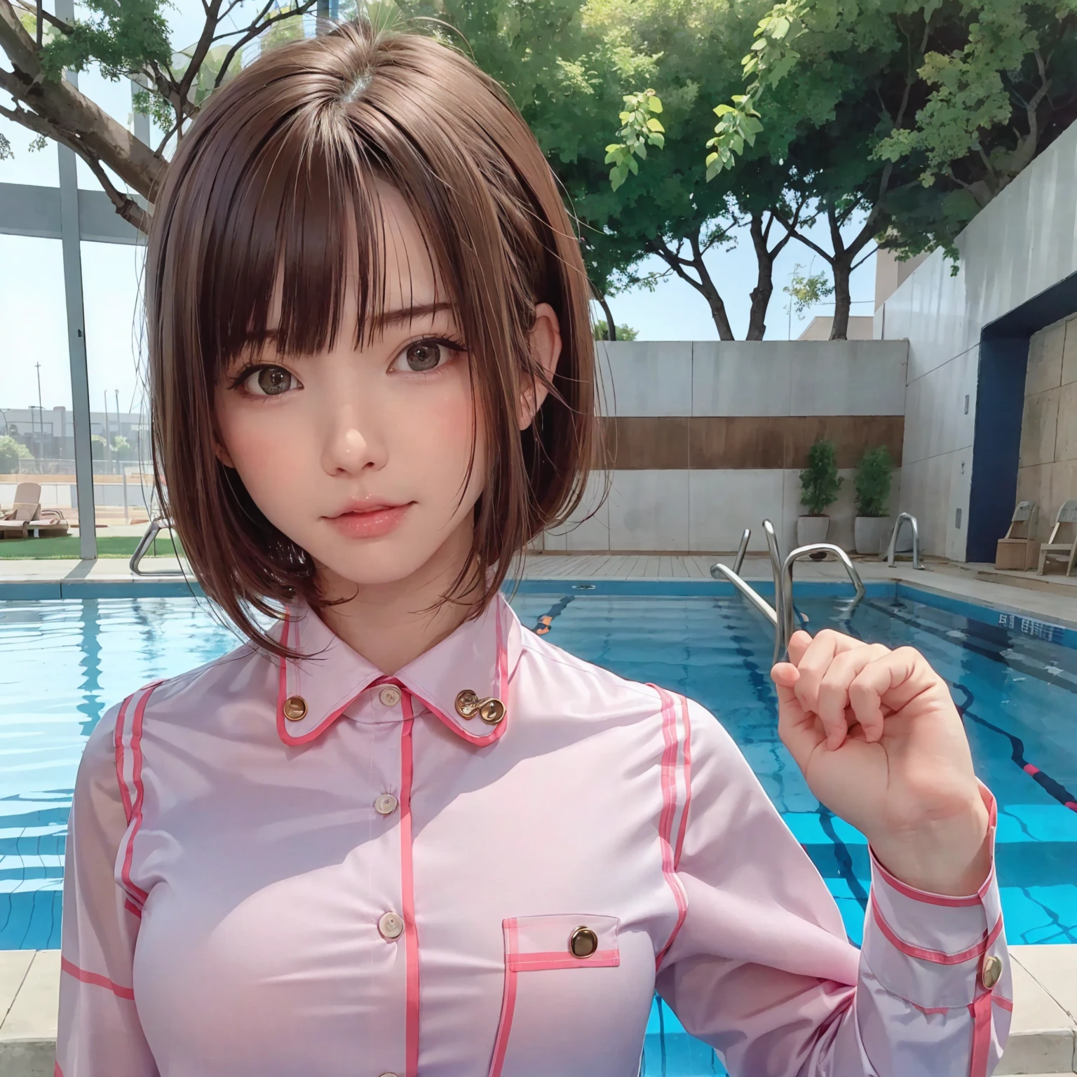 pureerosface_v1, best quality, photorealistic, 8k, high res, full color, 1girl, woman, 20 years old woman, (closed mouth:1.33), (portrait:0.6), trees, daylight, ((poolside background:1.52)), full color, ((buttoned shirt:1.88)), looking at viewer:1.8, (1girl eyes looking at viewer:1.55), (medium hair, brownihair, partedbangs:1.35), (bokeh), <lora:AAG-enako2:0.69>