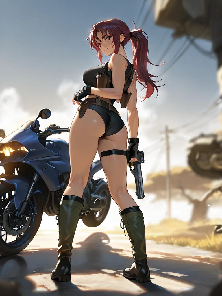 Imperial Guard Combat Uniform Swimsuit, o-ring bikini, v gundam, swimsuit, absurdres, highres, solo, cowboy shot, 1girl, neneka nibrou \(cosplay\), wristband, headphone, holster, backpack, holding gun, aiming, perfect hands, wind, (highres,best_quality,masterpiece), medium breast, hair ornament, valsione r, long hair, red hair, green eyes, medium breasts, mecha musume, mechanical parts, mecha armor, shoulder plates, robot, mechnical wings, ((((from back, from behind, looking from back, view from back, ass)))