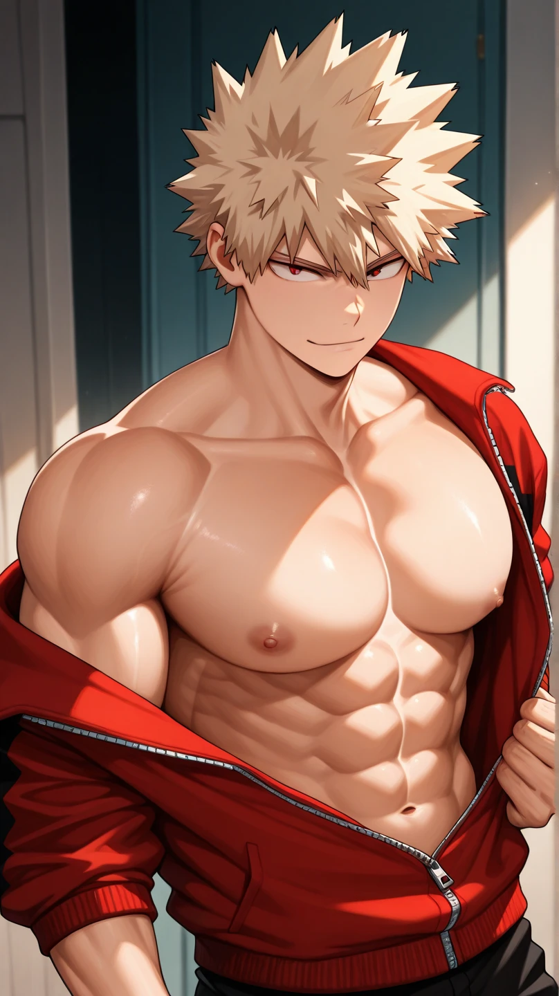 (((Back))) A teen Bakugo Katsuki, (Young face) 15 year old teenager (15 years old) very attractive boy, standing, full body. Mexican ethnicity. tanned skin, ash blonde hair, short hair bangs that fall on both sides of his youthful face. carefree expression, young man, alone, marked muscles, beautiful musculature, aesthetic stretch marks, inspiring physique, slender muscles, square pecs, beautiful V-cone, excellent abs and torso, chiseled abs, pectorals chiseled, perfect massive muscles, inflated muscles, voluminous pectorals, massive muscular body, a huge gigantic chest with a narrow waist, huge shoulders, ridiculously well-shaped large pecs, eight chiseled abs, (very toned and huge) with his military haircut and voluminous neck, narrow waist, red eyes, young face, beautiful, young. Bakugo Katsuki, Teen muscular young bodybuilder with extraordinary and firm back, chiseled muscles, rhomboid muscles, latissimus dorsi. Gigachad. He wears a red leather jacket (RED JACKET) that reaches the height of his ribs and is open. Ash blonde hair. (Bare torso) and tight latex thong. big bulging crotch. He is shirtless under his red jacket, which highlights his prominent abs and pectorals. His muscles stand out. Ruins of greek temple background. Standing, full body. (((Back))) huge, firm and muscular thighs, round buttocks and round butt with back, huge ass ((firm buttocks)) with big butt. (((black latex thong))) (((Exposed muscular torso. Open red jacket.))) Bakugo Katsuki. Ash blonde hair.