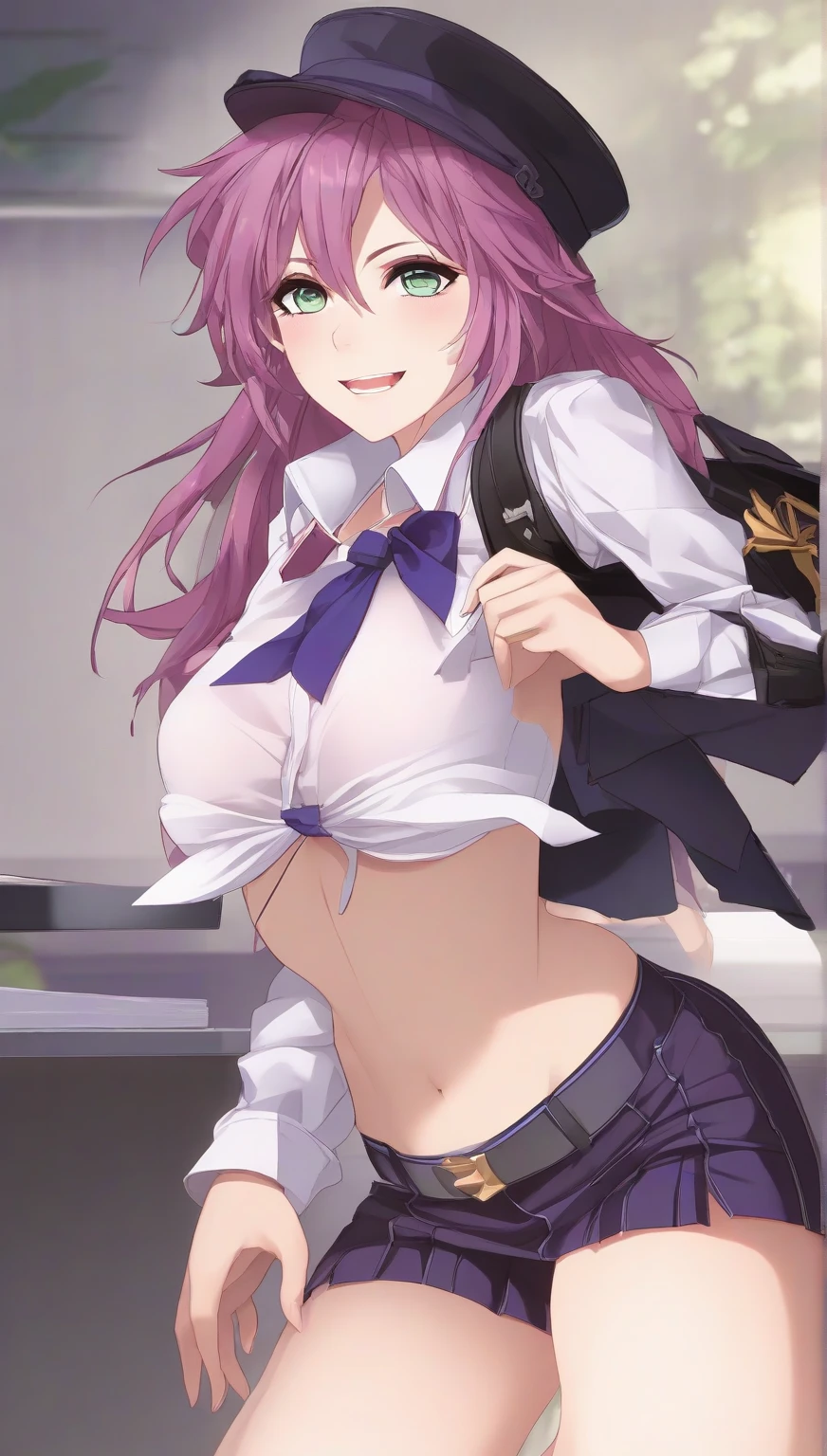 score_9, score_8_up, score_7_up,score_6_up,score_5_up, source_anime, front view, solo, 1girl, Female, soft smile, 
sayo, long hair, purple hair, open jacket, black jacket, striped thighhighs, black thighhighs, goggles on headwear, purple eyes, zettai ryouki, pleated skirt,( topless:1.3), (no shirt:1.2),( breasts out:1.2), large breasts, nipples, full body, <lora:Sayo_XL:1>