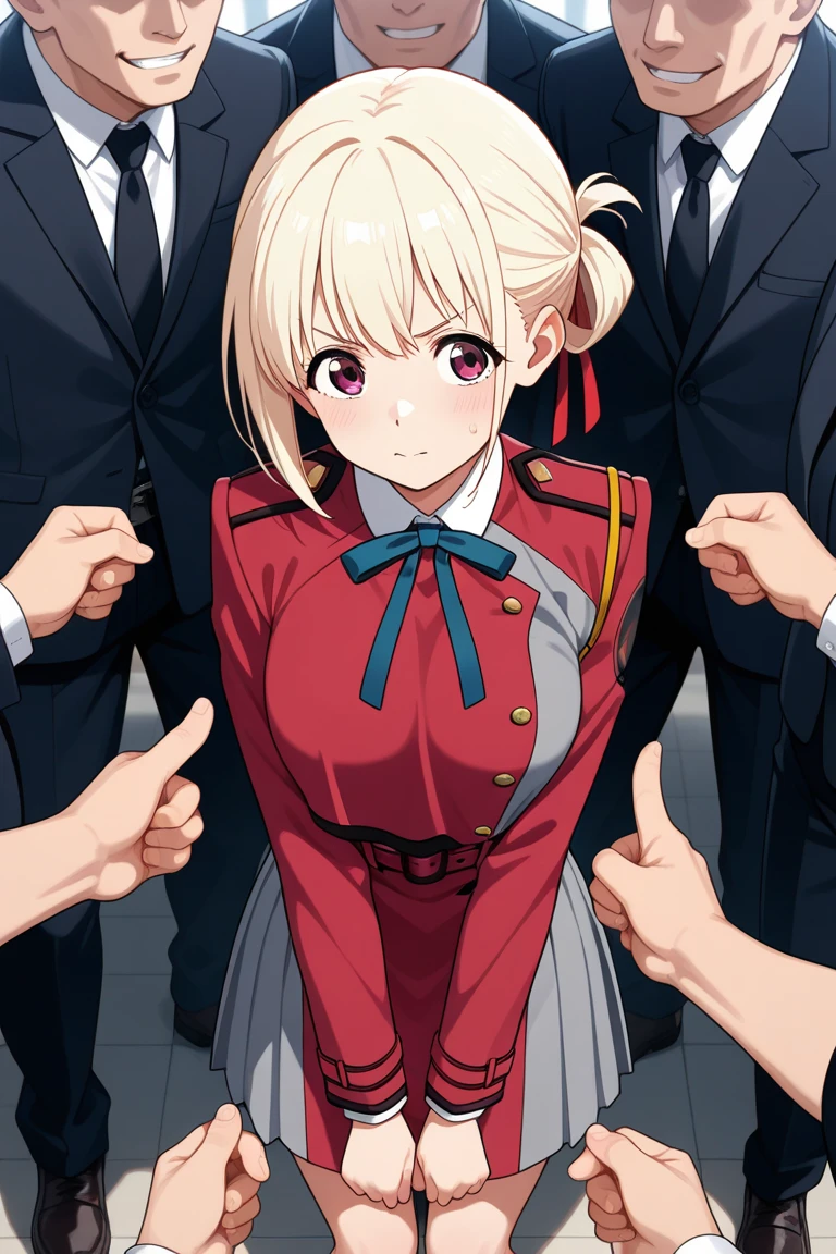 masterpiece, Highest quality, 1 person,( Large Breasts,Are standing, View your audience,),Detailed Background、A person who writes in detail、Accurate human body、Knowledgeable person、Accurate 5 fingers,Mature Woman,Thighsが太い,Cruby Body, Nishikigi chisato, bob cut, hair ribbon,wrist above head,cyclone \(for once\),Long sleeve、Thighs、alone,((lycoris uniform, two-tone dress, red dress, grey dress, neck ribbon, long sleeves,short skirt)),((zettairyouiki)),,TranT, (train interior), netorare, chikan, grabbing, hetero, pussy juices, molestation, public indecency, public use,faceless male fingering, 2boys, faceless male, assisted exposure,