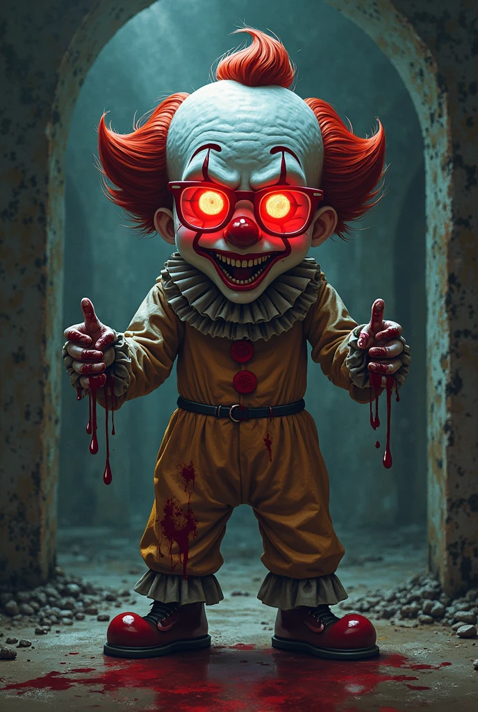 Create a clown with big hair filled all over his head in white and with a round red nose and red eyes with a red light and around the right eye spiral lines and with red Joker clothes and with golden lines as if he were a robot. 