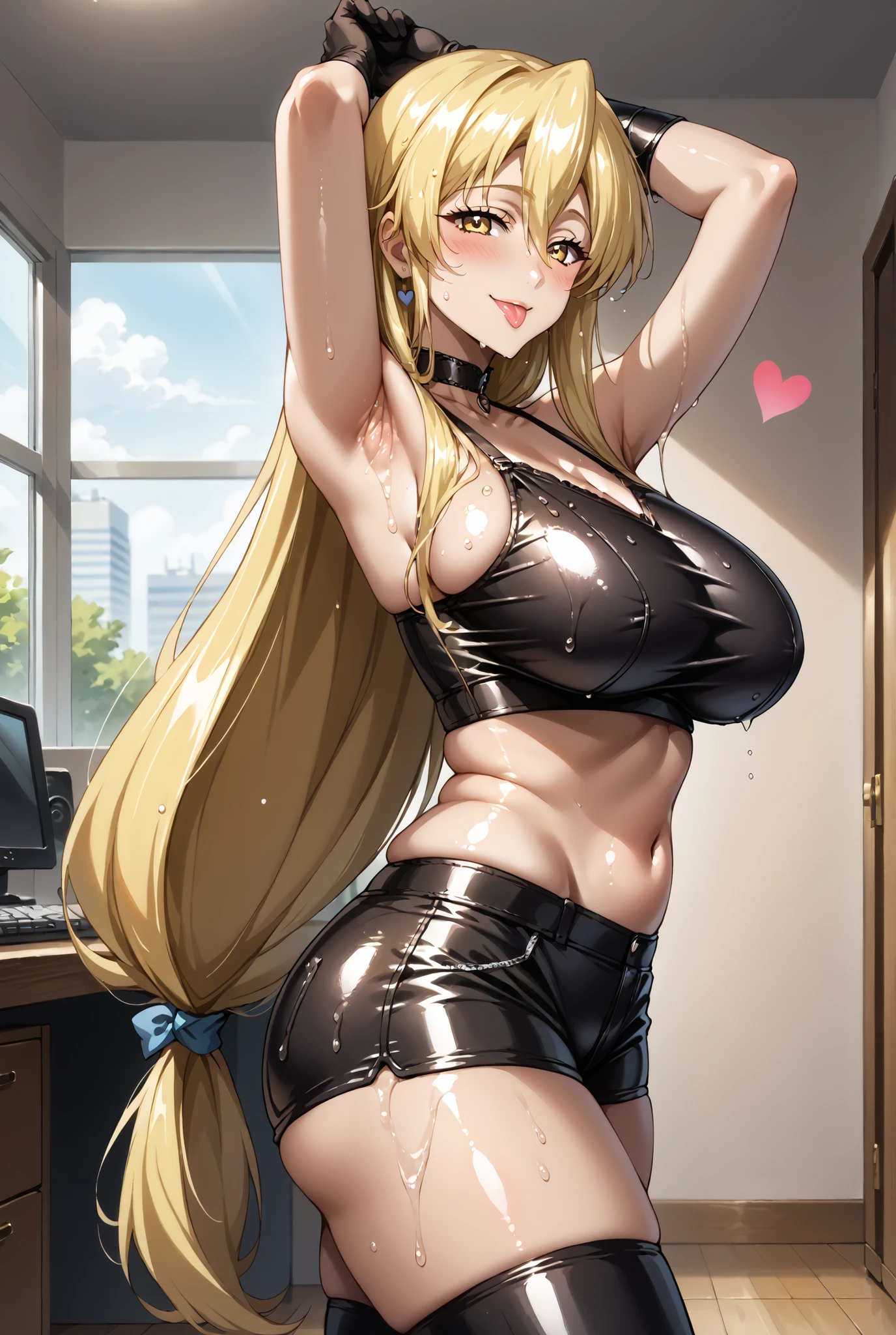 score_9, score_8_up, score_7_up, source_anime, 4K,perfect fingers,(perfect hands, perfect anatomy),prefect lighting, very aesthetic, intricate details,highly detailed background, masterpiece, high quality, best quality,
shizuka marikawa, long hair, blonde hair, very long hair, low-tied long hair, yellow eyes, hair between eyes, smile, large breasts, mature female,
wearing ((black latex shorts, black latex thigh high boots, black latex top, bare midriff, bare thighs, black latex gloves, leather choker)),,
((A sagging breast)), ((blush)), ((shiny skin:1.2)), ((wet:1.4)), ((apartment:1.3)), sit on the viewer, ((sideview)), ((seductive smile:1.2)), ((tongue out:1.4)), ((arms up:1.6)), ((hearts:1.2)),