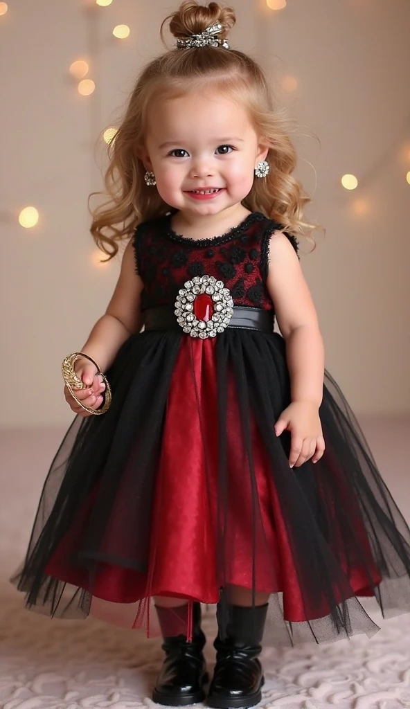 a close-up of a blonde with long hair, BIG BALL OF electrified ICE IN HANDS. posando na frente de bolas de discoteca em uma sala, child wears a red dress, pose de glamour, fazendo uma pose elegante, posar para uma foto, em um vestido vermelho, usando um vestido vermelho, em estilo glamoroso, bola de discoteca ao fundo, modelo jovem bonita, usando um vestido cintilante, Photo of a promotional session, Retrato no meio da foto, vestindo trajes formais vermelhos