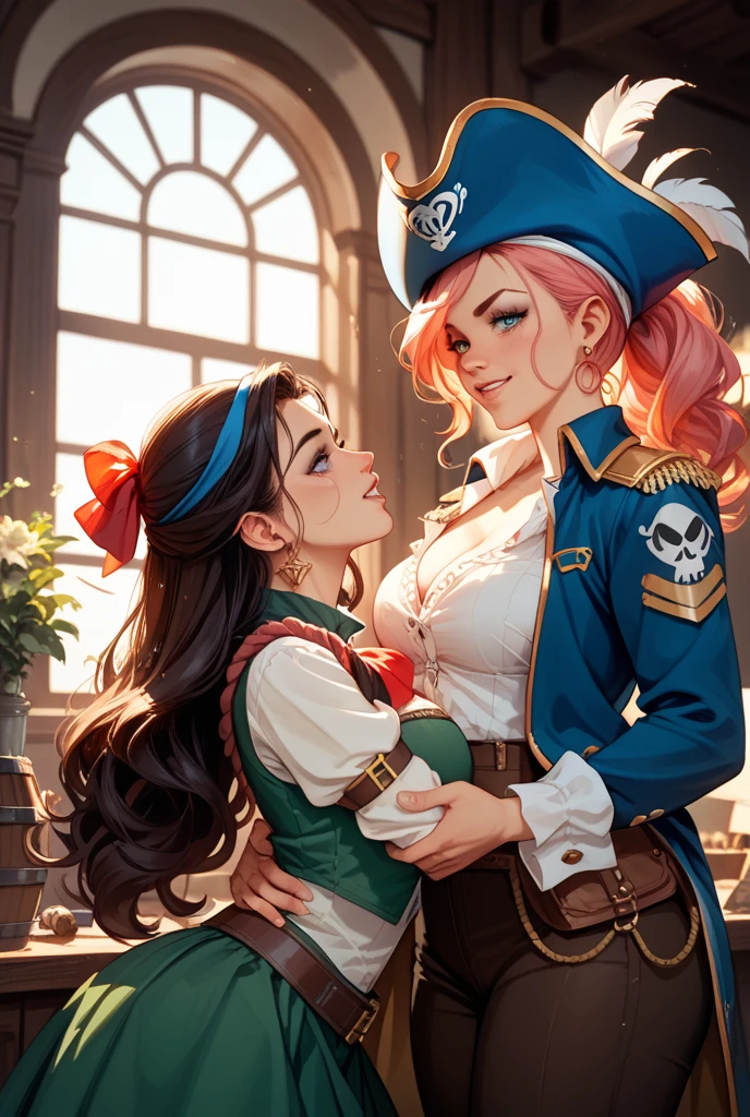 (masterpiece), best quality, expressive eyes, perfect face, perfect eyes, perfect hair, perfect body, perfect hands, perfect fingers, high detail, best detail, pirate, cavalier pirate hat, pirate leathers, sheathed sword, cocky smile, confident, dominant, powerful, pirate raid, raiding ship, fighting, background chaos, dark skin, beautiful brown skin, beautiful dreadlocks, Adult Female, sweat, toned body,