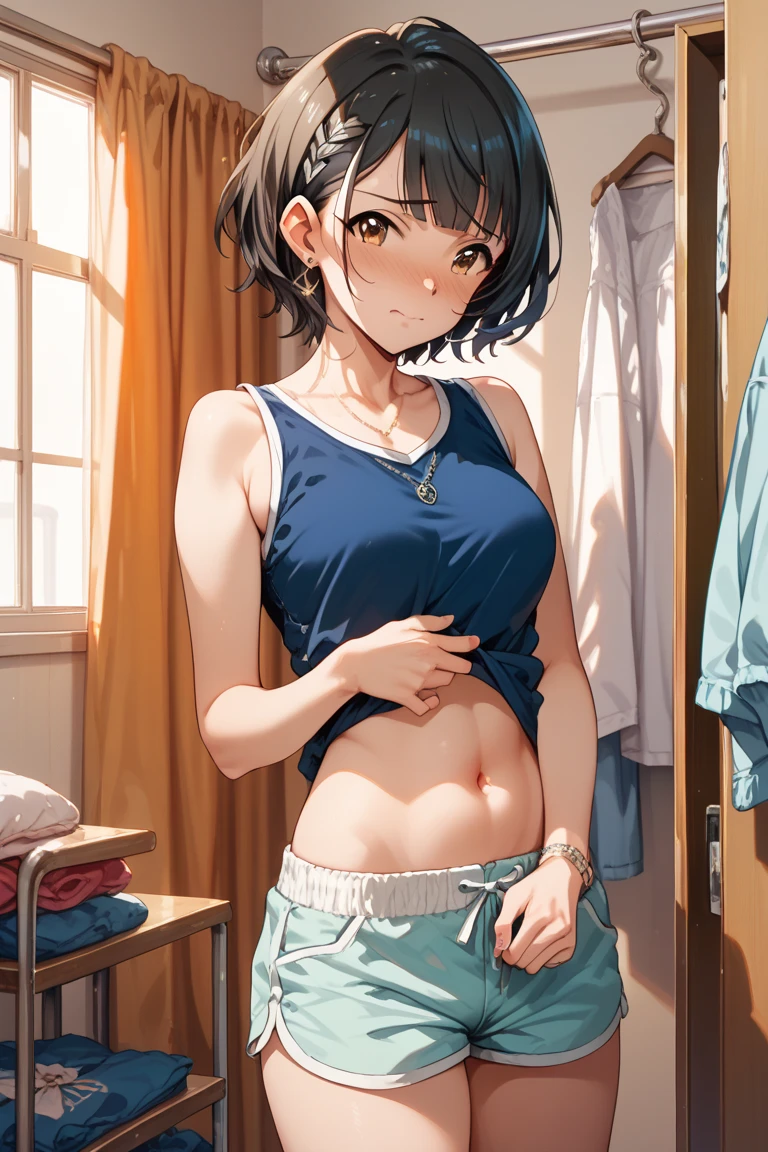 A woman changing clotheorning、bed、Cute room、morning日、pajamas、belly button、underwear、Sleepy eyes、
