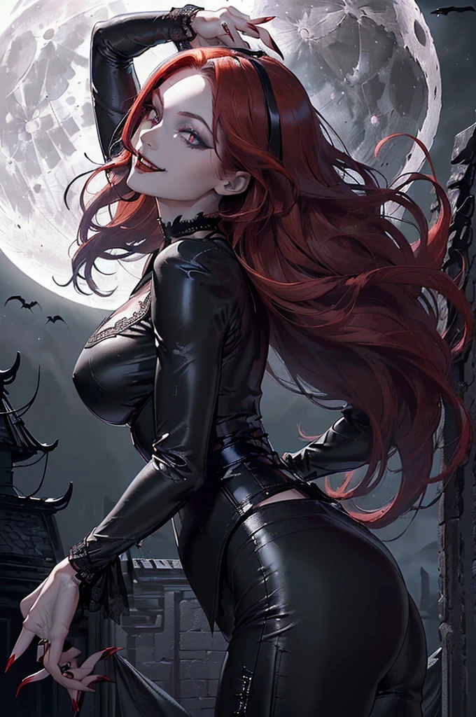 ((Vampire Woman: Red Eyes、Curly hair、Very sensual),(Walk gracefully along bustling urban boulevards),(In the moonlight),(a scene from a movie:1.2))、I'm a dangerous vampire