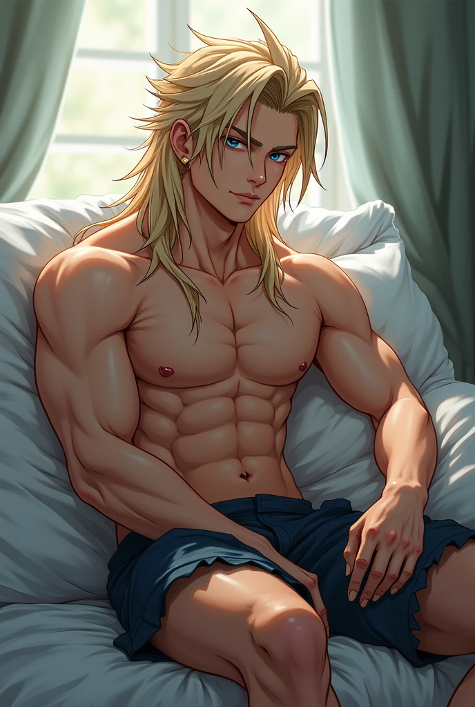 One male, shoulder length hair, tousled hair, blond, blond hair, dark blue eyes, tall, slim athletic, bare chest, boxer underwear, handsome face, stubble, highest quality, masterpiece, 2d, anime, perfect face, highest detail, stubble, sat on bed shot, intricate details, full body, room interior, solo, blushing