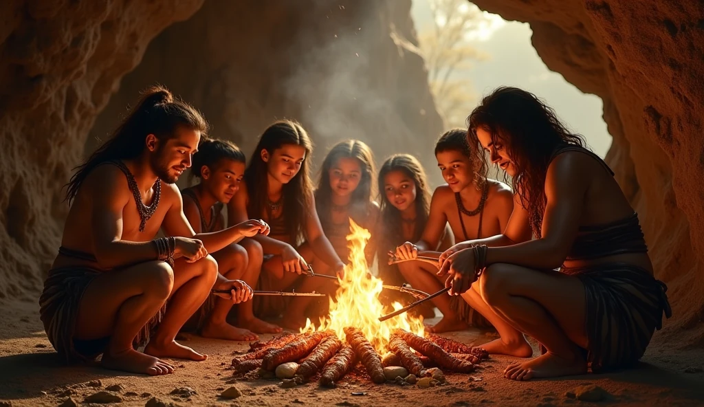 ultra-detailed, realistic, 4k, masterpiece:1.2, highres, vivid colors, bokeh, professional, HDR, sharp focus, studio lighting, ultra-fine A Stone Age family, dressed in animal loincloths, sits around a crackling campfire in front of a cave. The family includes a father holding a spear, a mother cooking meat over the fire, and two children playing with stones. The scene is set at dusk, with the warm glow of the fire illuminating their faces and the cave walls adorned with primitive drawings. The surrounding landscape features rugged terrain, scattered rocks, and distant mountains under a twilight sky.”