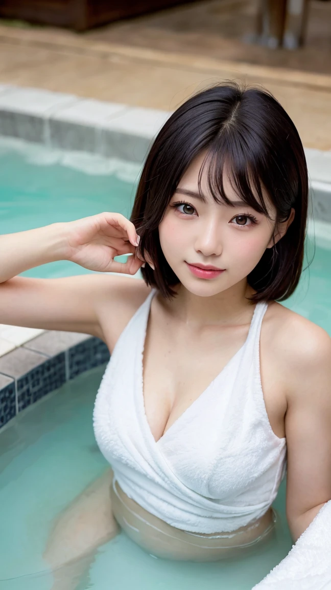 (8K highest quality)、(beautiful)、Precision Eyes、Fine skin、22-year-old female、Stylish、Brown eyes、Soft Breasts、Brown Hair、looking at the camera、、smile、naked、Semi-short hair、Soak in the open-air bath、Precision nipples、