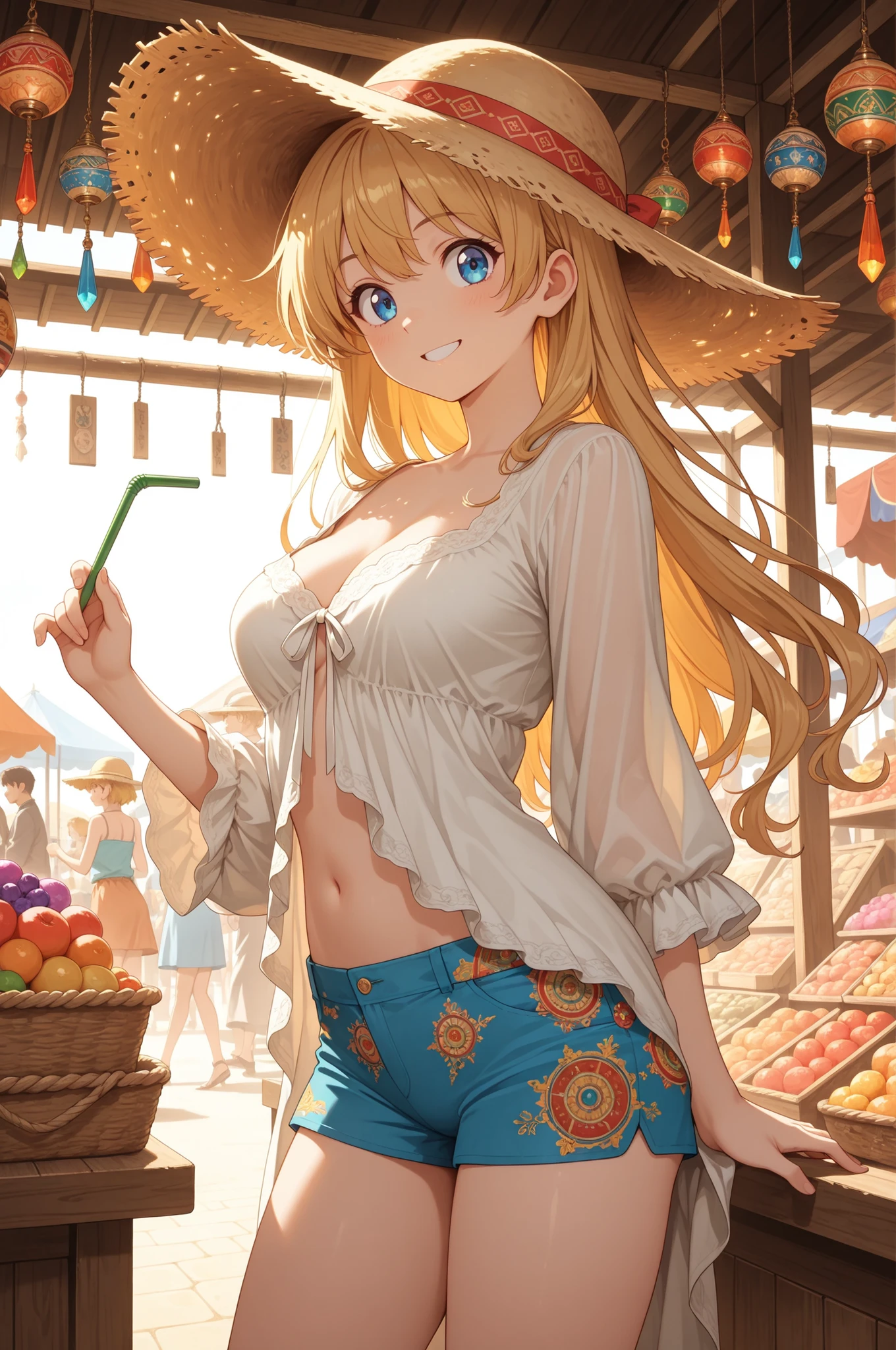 masterpiece, BREAK 1girl, 20 years old, curious beautiful anime face, bright blue eyes, BREAK long wavy golden blonde hair, wearing a bohemian embroidered blouse with an open neckline revealing cleavage, patterned short shorts, and a wide-brimmed straw hat, BREAK exploring a bustling exotic marketplace filled with colorful spices, textiles, and handcrafted goods, smiling with delight, BREAK vibrant and lively atmosphere, warm sunlight filtering through awnings, detailed market stalls, high-quality anime art style, travel adventure scene.