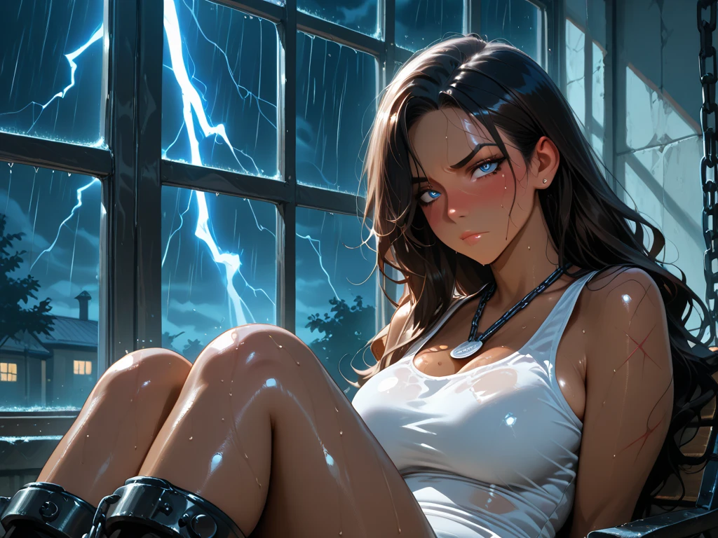 1girl, (solo), bob hair, black hair, blue eyes!!, serious, arrogant, medium breasts, ((white swimsuit)), deep neckline, black boot, sitting on a rock, lightning behind, rock cave, (night), (very sexy body, detailed face, detailed eyes, masterpiece, highly detailed, 8k, best quality, vibrant colors, digital art, concept art)