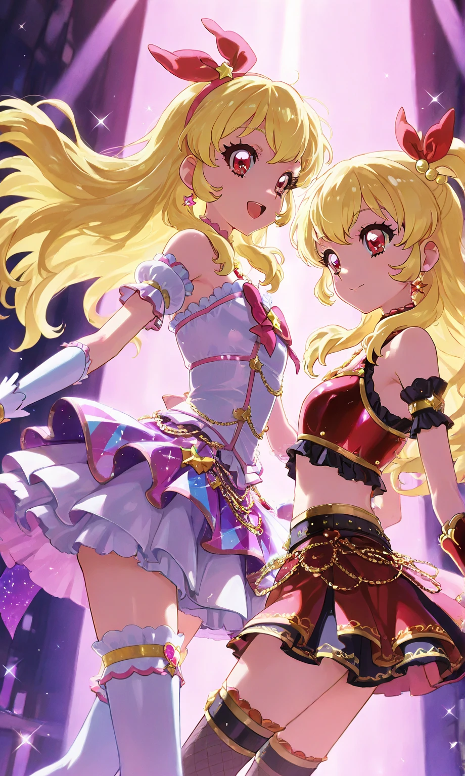 The six women are performing energetically and harmoniously at a concert, each radiating their unique charm on a brightly lit stage.
1. **First woman**:
- Long, wavy black hair shimmering under the stage lights.
- Wearing a vibrant orange top, a glittering yellow skirt, and white shoes with green accents.
- Holding a microphone confidently, her voice resonating throughout the arena.
2. **Second woman**:
- Long blonde hair gleaming under the spotlights.
- Wearing a sparkly light green top, a swaying cream skirt, and white shoes with light green accents.
- Moving gracefully across the stage, captivating the audience with her dance.
3. **Third woman**:
- Long blonde hair flowing freely as she sings.
- Wearing a glittering light yellow top, a beautiful light blue skirt, and white shoes with yellow accents.
- Her charming smile lights up the crowd, her energy infectious.
4. **Fourth woman**:
- Long brown hair cascading under the colorful lights.
- Wearing a sparkly light purple top, a bright pink skirt, and white shoes with purple accents.
- Her strong and mesmerizing vocals leave the audience spellbound.
5. **Fifth woman**:
- Long black hair moving to the rhythm of the music.
- Wearing a shimmering light blue top, an elegant white skirt, and white shoes with blue accents.
- Dancing gracefully, her movements full of elegance and rhythm.
6. **Sixth woman**:
- Long blonde hair with a ribbon, adding to her sweet charm.
- Wearing a sparkly light pink top, a graceful white skirt, and white shoes with pink accents.
- Approaching the audience with a smile, her soft voice touching their hearts.
They all perform in perfect harmony, their voices blending seamlessly and their movements synchronized, creating a mesmerizing and unforgettable concert experience. The lights and stage effects add to the magic of their performance, making every moment feel enchanting for the audience.
