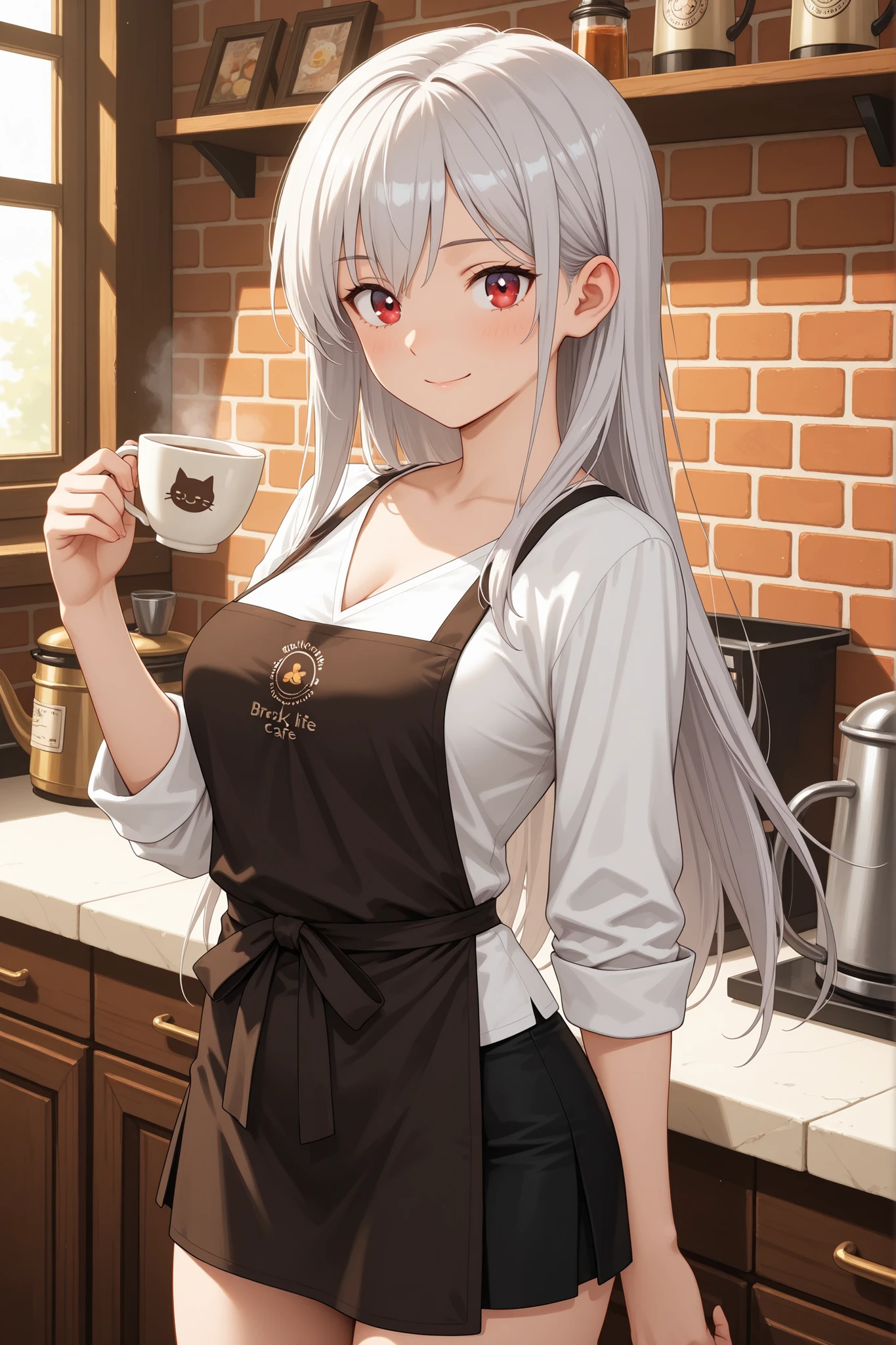 masterpiece, BREAK 1girl, 20 years old, beautiful detailed anime face, gentle red eyes, BREAK long flowing silver hair, wearing a chic barista outfit: a dark apron over a V-neck blouse revealing cleavage, and a slim-fit mini skirt, BREAK carefully crafting latte art with a gentle smile in a cozy, dimly lit cafe with brick walls and vintage decor, BREAK warm and inviting atmosphere, soft lighting, high-quality anime art style, slice-of-life cafe scene.