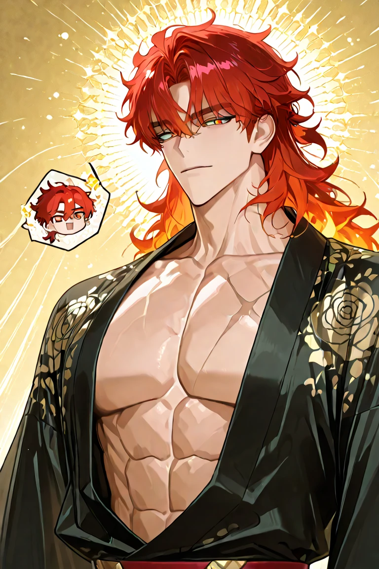 wilnas, granblue fantasy, (masterpiece:1.5), (best quality:1.5), (high quality:1.5), (solo:1.27), (muscular male:1.27), (bara:1.27), satisfaction, happy, pleasure, (dynamic angle:1.21),(dynamic hair:1.27),(detailed pupils:1.21),looking at viewer, (dynamic pose:1.15), (beautiful detailed hands:1.21), illustration, (cinematic light:1.15), ultra detailed, (disheveled hair:1.34), (big bulge:1.2), (large pectorals:1.3), pectoral cleavage, sidepec, (abs:1.3), (thighs:1.3), (bulky:1.2), novel_illustration, anime_screencap, (valentine:1.4), (apron:1.3), cooking flaming, chocolate, (see-through, micro lingerie:1.5), flaming sword, explosion, male focus, fire, fiery wings, fiery hair, flame, pyrokinesis, breathing fire,