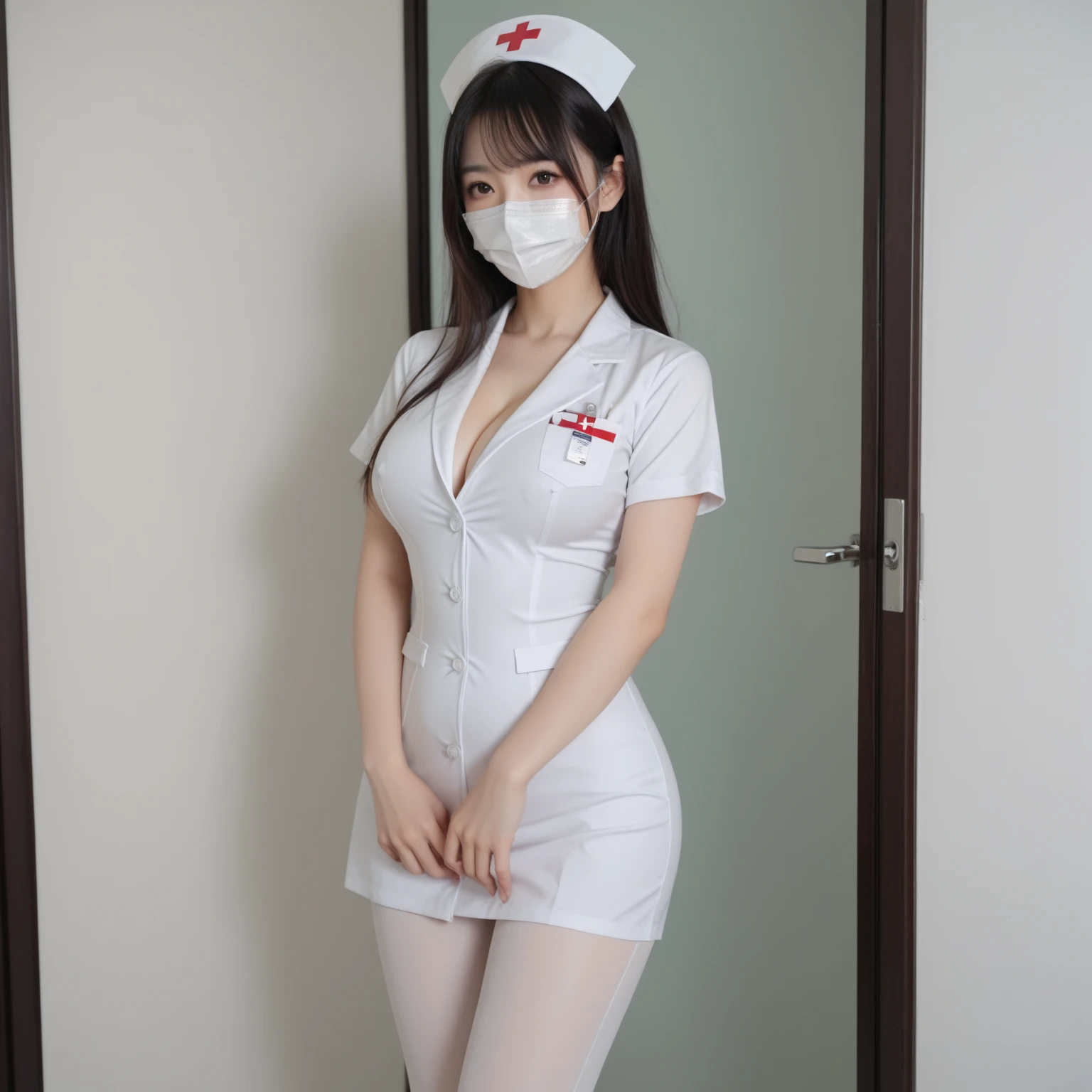 hentai hiromi, long hair, brown hair, red eyes, wavy hair, forehead, solo, nurse, ((white nurse cap, white nurse's outfit)), ((white legwear, zettai ryouiki)), white gloves, ((covered nose)), standing, hospital room, sharp outline, short sleeves, best quality, masterpiece