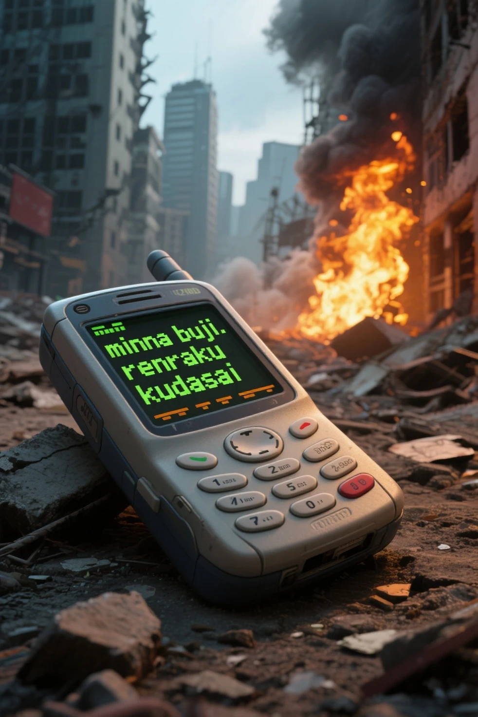 An early pager screen lying on the ground with the words "minna buji. renraku kudasai" on the screen, 8-bit retro graphics, devastated cityscape in the background, fire and smoke