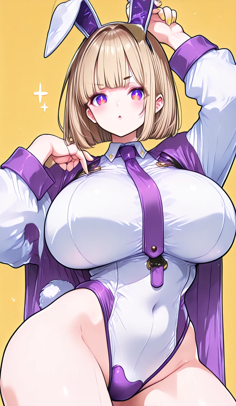 1 girl,blonde hair,bob,Patsun bangs,purple eyes,shaped pupils,big breasts,big breasts,cute,smile,Happy,heavy breathing,trembling,put your hand on your face,crop top,choker