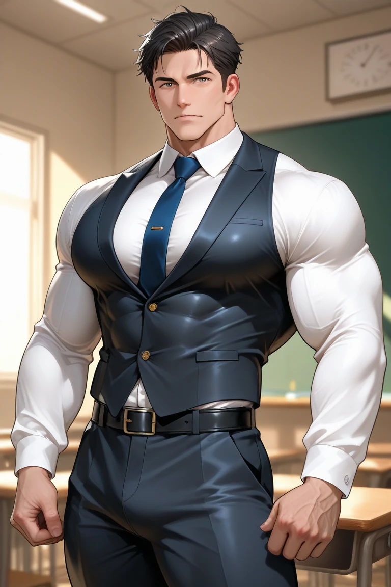 Drawing of a young Chad, Dark blue suit, White shirt，Pants， Looking at the camera, male，Silver short hair，Blue Eyes，muscle，bodyguard