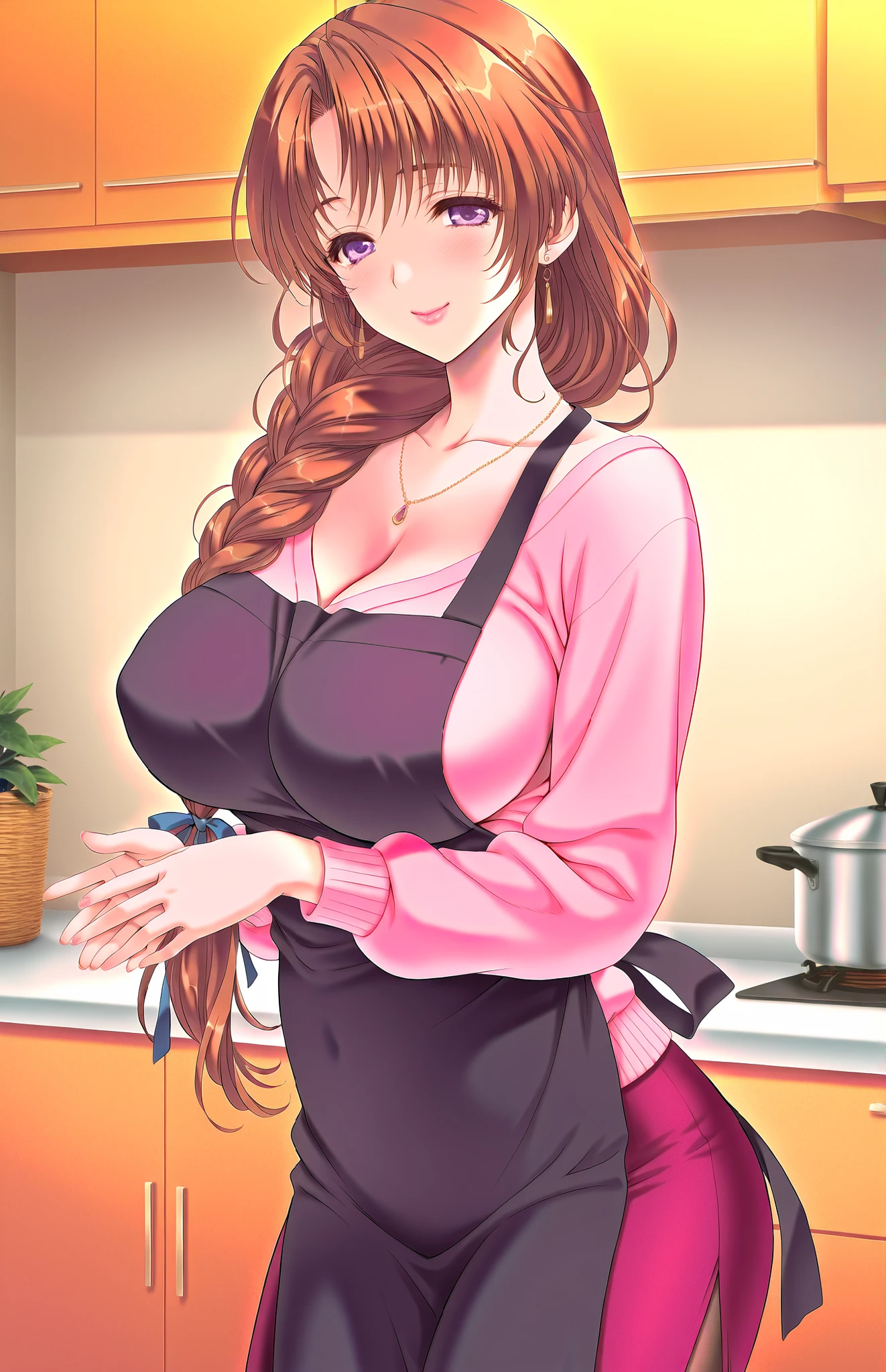 Shogun,Hi-Res, Super Detailed,very beautiful,Highest Quality ,Best Arms, breaks
Hasma_Golden Bough(Tsumamigui),1girl,solo, from his butt, Big breasts, long hair, PURPLE EYES, Single Blade, mature woman, pink lipstick, hair ribbon, blue ribbon,
pantyhose, jewelry, Necklace, Disconnect, ribbon, black apron, Smile, Black Skirt, pink sweater,