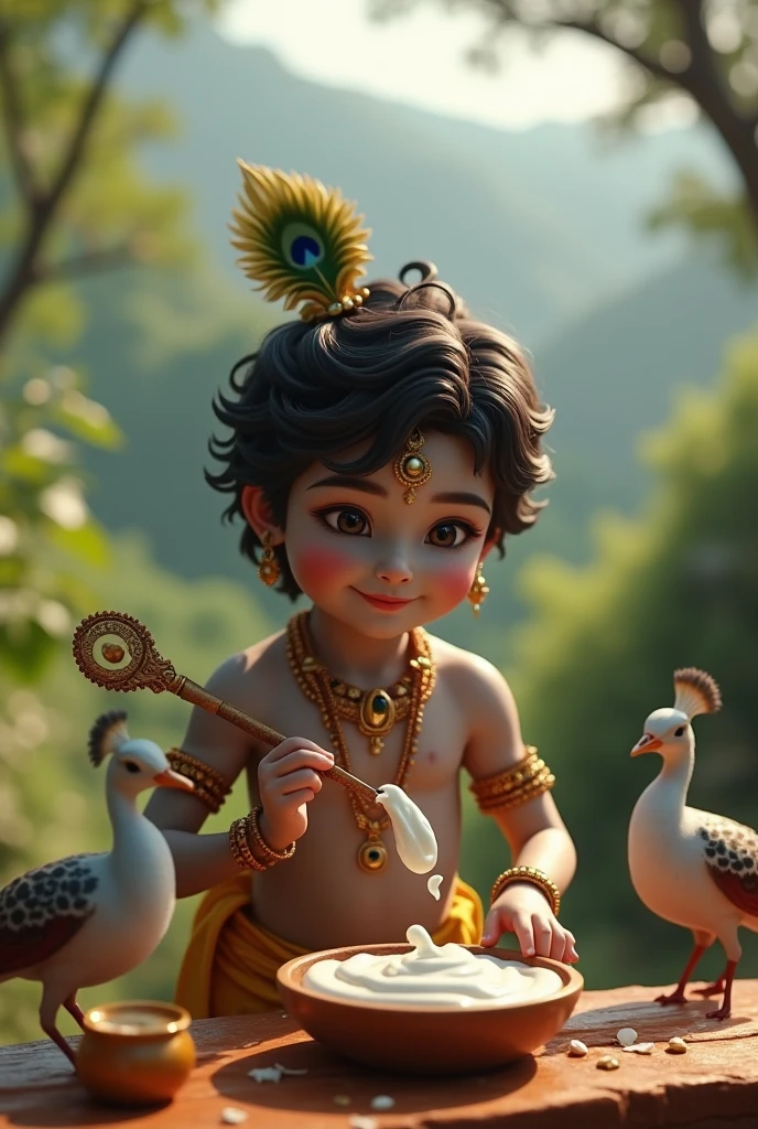 Realistic image of Lord krishna as a 6 year old boy in village, normal human face and normal human eyes, create high quality realistic image, Landscape of a village, bight sky, vibrant colors, looking with smile, holding a flute in his hand, wearing a golden crown with a peacock feather in it, environment is background is of garden, image should ultra clear, hyper realistic, high quality 4k , peacock and birds