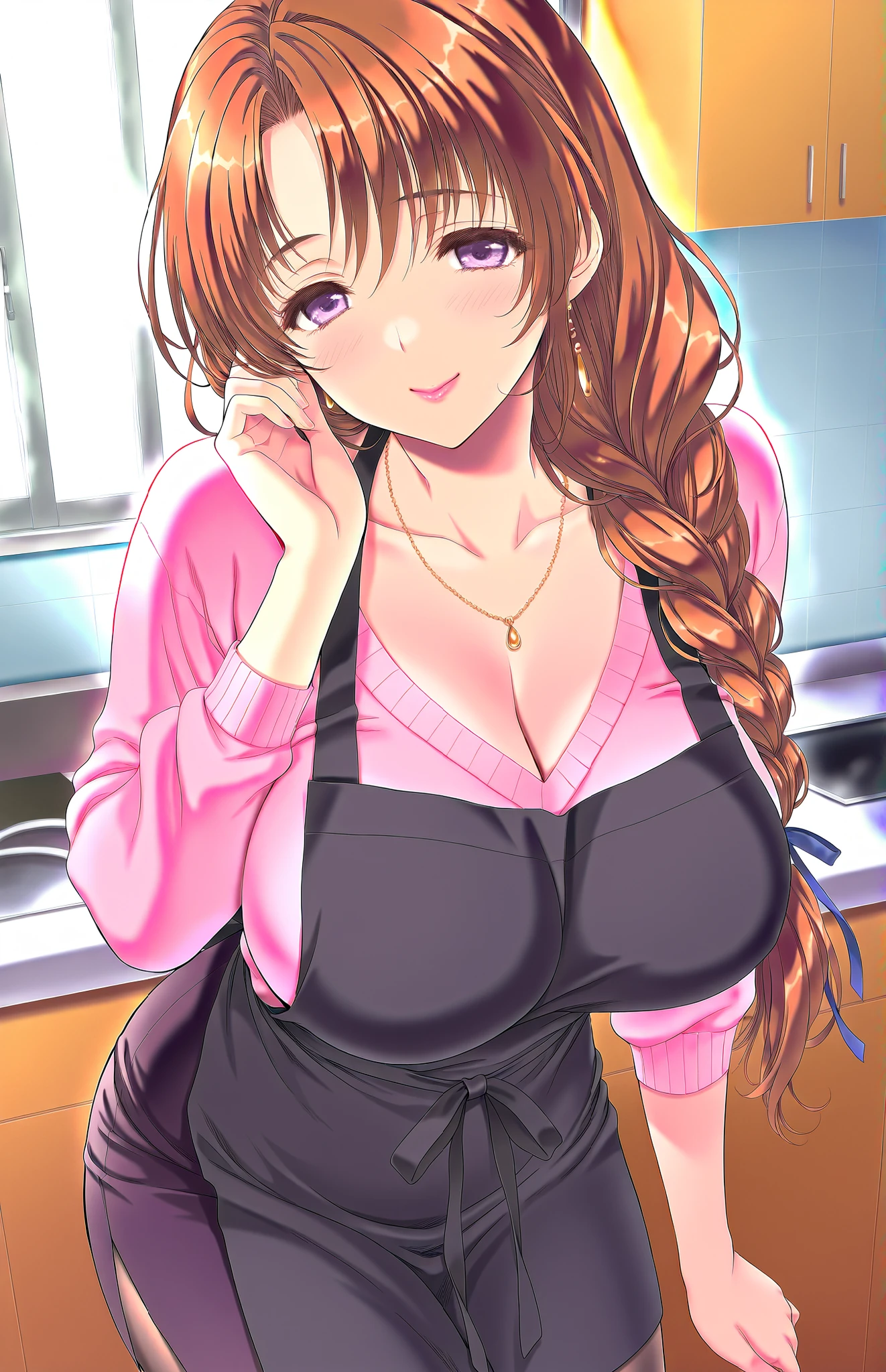 Shogun,Hi-Res, Super Detailed,very beautiful,Highest Quality ,Best Arms, breaks
Hasma_Golden Bough(Tsumamigui),1girl,solo, from his butt, Big breasts, long hair, PURPLE EYES, Single Blade, mature woman, pink lipstick, hair ribbon, blue ribbon,
pantyhose, jewelry, Necklace, Disconnect, ribbon, black apron, Smile, Black Skirt, pink sweater,