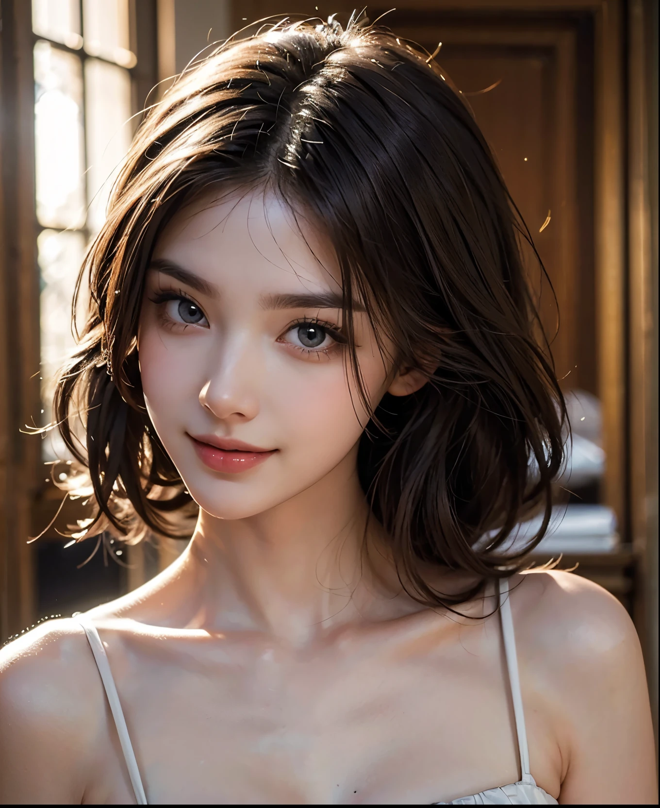 Skin Tight Black Top:1.2, Looking at Viewer, Cinematic lighting, Perfect, softlight, High resolution skin:1.2, Realistic skin texture, 30 years old mature woman、a small face、no-makeup、, off shoulders,Bust B Cup、 Exposed cleavage,Blue eyes, Short hair, dark brown hair、fullnude、Gray background