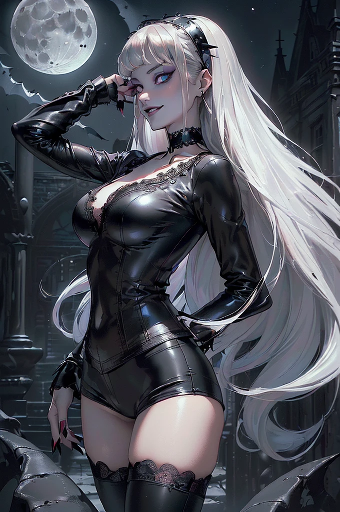 long white hair, possibly with loose locks framing her face. intense green eyes, with a mysterious and penetrating shine. Pale and soft skin, with a slim and elegant build. Oval face, with high cheekbones and a thin nose. Thin, dark red lips. Face with a more feminine and delicate design. A tight black suit, and a silhouette that enhances your feminine figure. An ethereal and mysterious presence, with an aura of power and elegance
