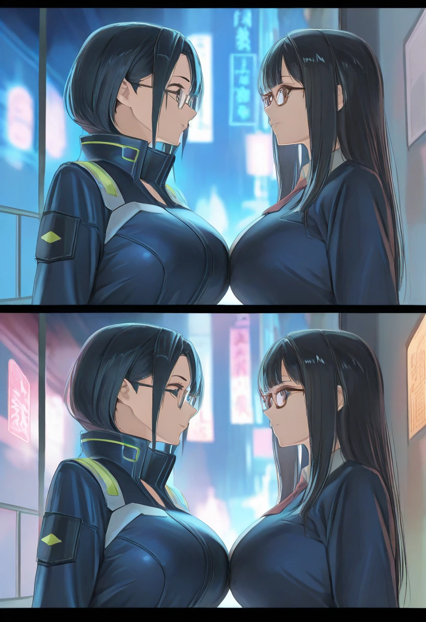 Girl with big breasts, with black spy suit, ebony black skin, curvy body, big neckline, long black hair and crimson eyes.