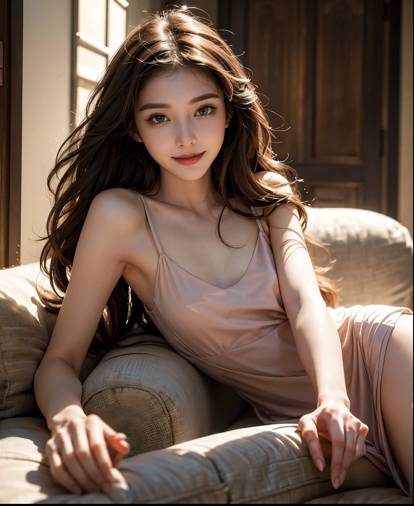 highest quality, masterpiece, ultra high resolution, (realistic:1.4), (close portrait) Raw photo, 1 girl, 22 years old,(((business suit))),((long hair chignon)),masterpiece, realistic pictures, japanese pictures, fuji negative film, saturation, contrast, Pocari Sweat Advertisement ((small breasts)),((smiling showing teeth)),,brown hair,