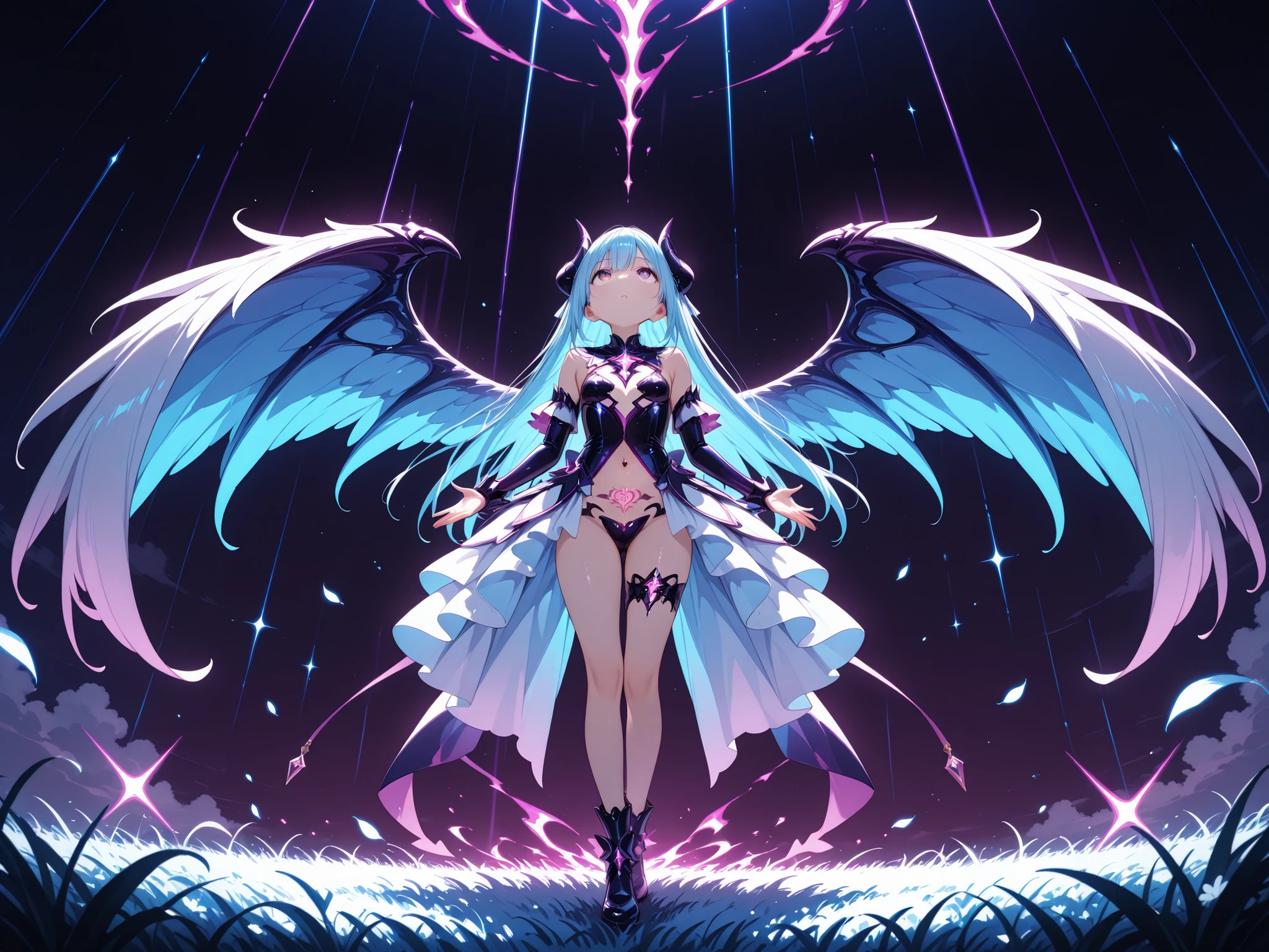a robotic angel (Based on a lovely woman, sheer white airy gown, obvious mechanical sections and joints, neon high lights and indicator lights, angel wings with rainbow colored feathers) is posing on a futuristic stage, the phone number to order her is printed along the bottom f the screen (show her from head to toe, show her entire body, show all of her)