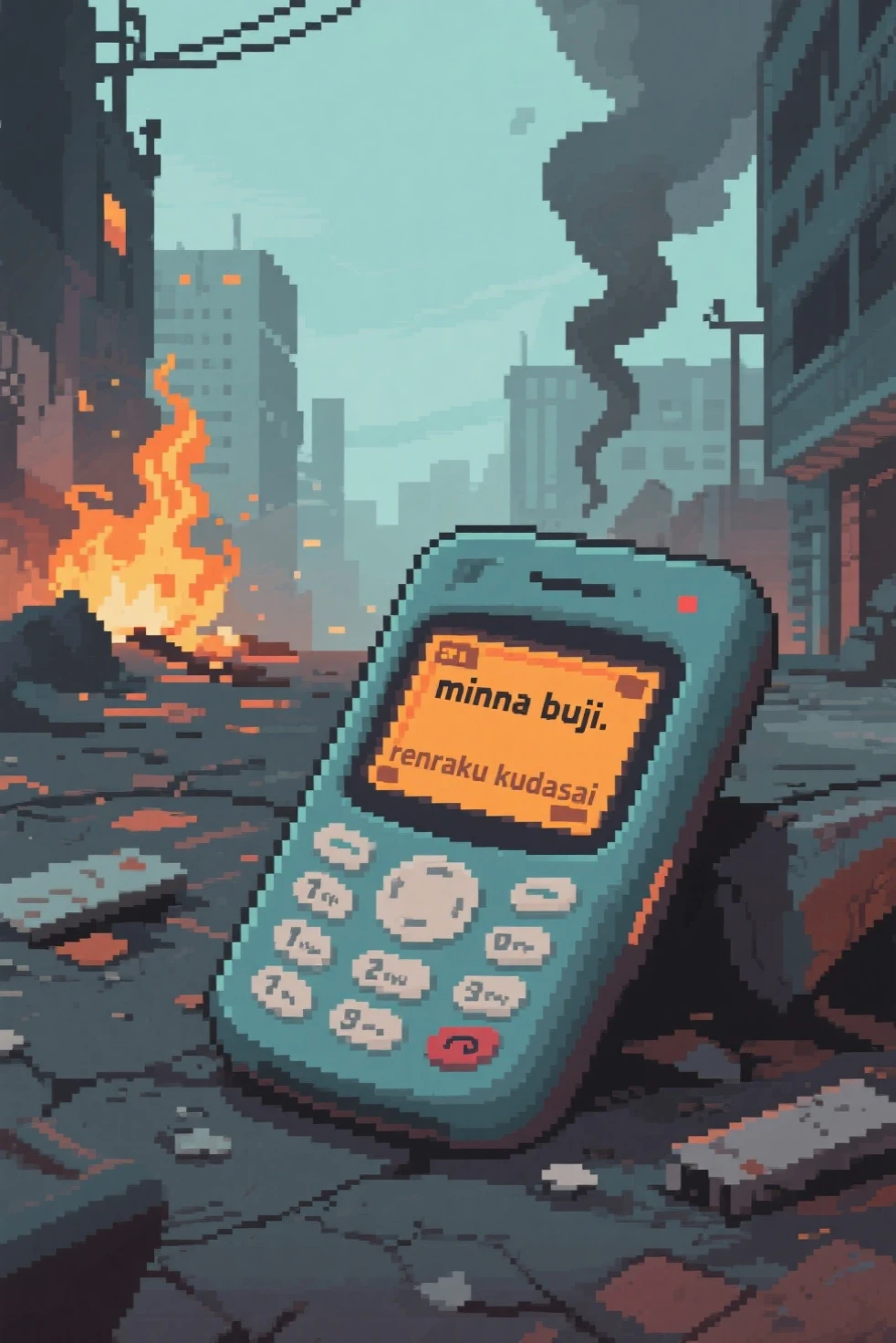 An early pager screen lying on the ground with "minna buji. renraku kudasai" on the screen, 8-bit retro image, devastated cityscape background, fire, smoke, low pixel art