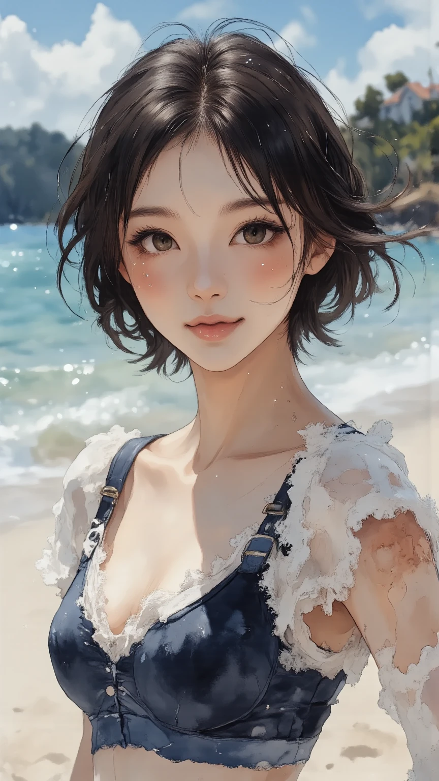 Black short hair, Big Blue Eyes, My body is completely wet and sweaty, the body is very wet, The body is sweaty, Nearly naked, Chained body, Wet clothes, Clothes are see-through, At the Beach, loose fitting dress, Lying on the ground, Return to ground, , Flat Chest, Camera from the sky, The whole body is shown, looking at the camera, (((Large Breasts))), (((Adult body))),