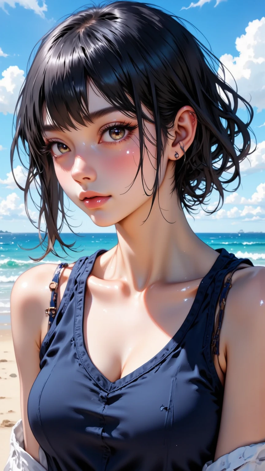 (logo、masterpiece、8k、Tabletop、RAW Photos、wonderful、最high quality、Photorealistic and Very detailed CG integrated 8k wallpaper、high quality、Very detailed、Narrative poem、Particle Effects、Dynamic Effects、Written boundary depth、Cinematic Light、Lens flare、Ray Tracing)、Fantasy、 (One beautiful woman、White pants、White T-shirt、White tube top、White crop top、Black-haired、Beautiful Face、True Face、Beautiful details、eye、Beautiful Skin、Ultimate Body、glamorous)、私の髪はWindに舞う、Hair flutters in Wind、Hair bounces、Seaside、wonderful景色、Coastal、sunrise、Sun in the background、Wind、Beach