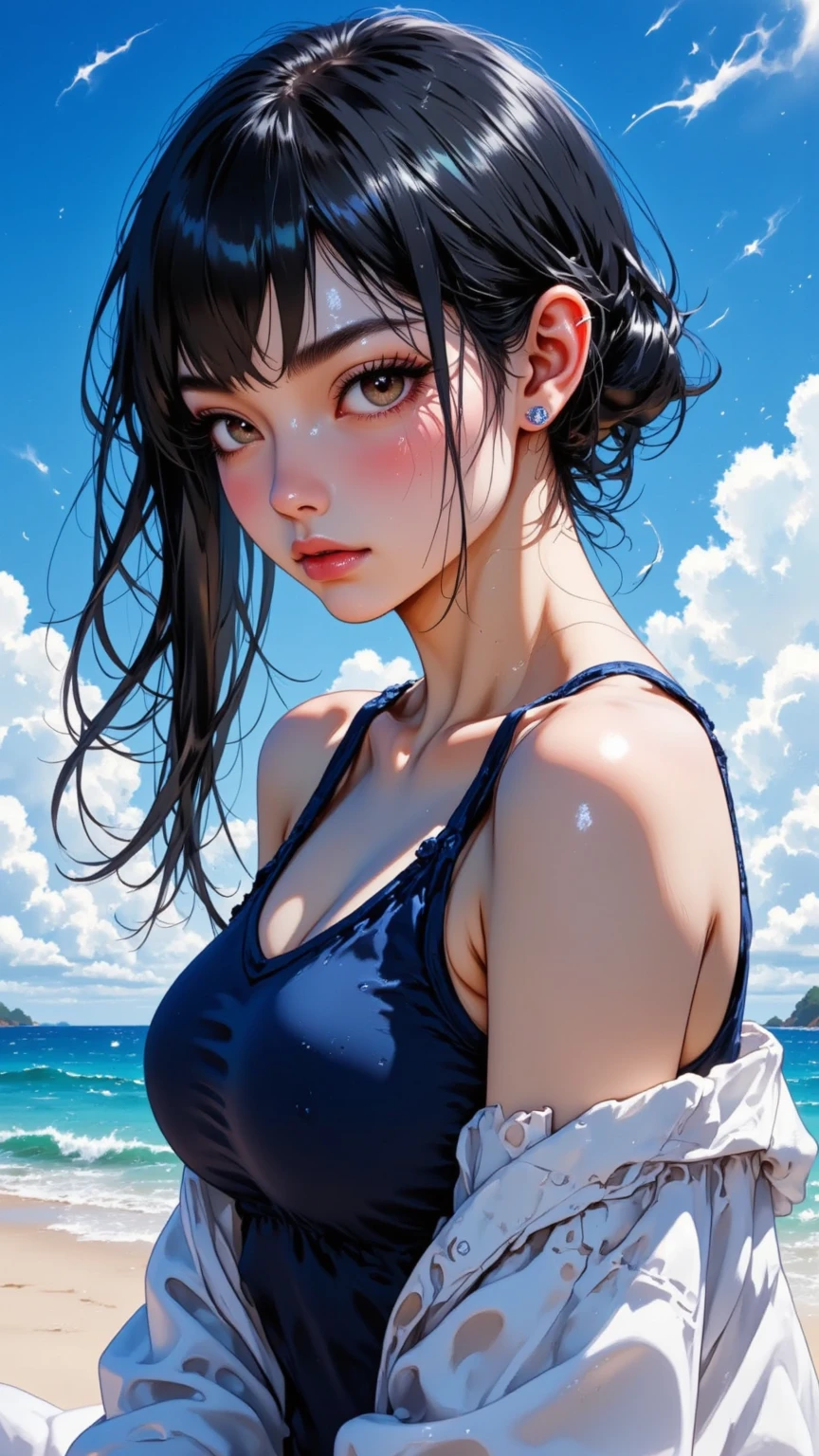 (masterpiece:1.2, Highest quality), (Realistic photos), Beautiful illustrations, (Natural side lighting, Cinema lighting),(1 girl), Japanese, 20-year-old female, Perfect Face, Symmetrical cute face, Glowing Skin,Black hair bun、(nape undercut:1.2)、Dark blue eyes, (Huge breasts:1.2), Slender build、Beautiful Hair, Beautiful Face, Fine and beautiful eyes, Beautiful body, Beautiful breasts,(Black Bikini)、Sad expression、Blushing、(My whole body is wet)、Beach、Ocean