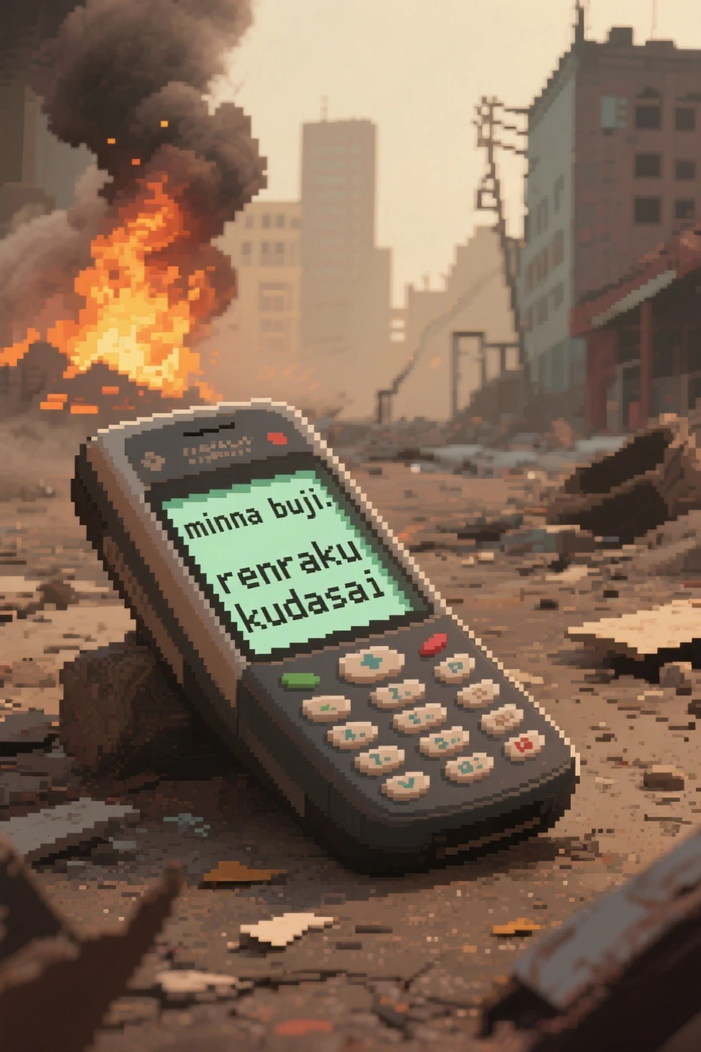 An early pager screen lying on the ground with "minna buji. renraku kudasai" on the screen, 8-bit retro image, devastated cityscape background, fire, smoke, low pixel art, sepia color