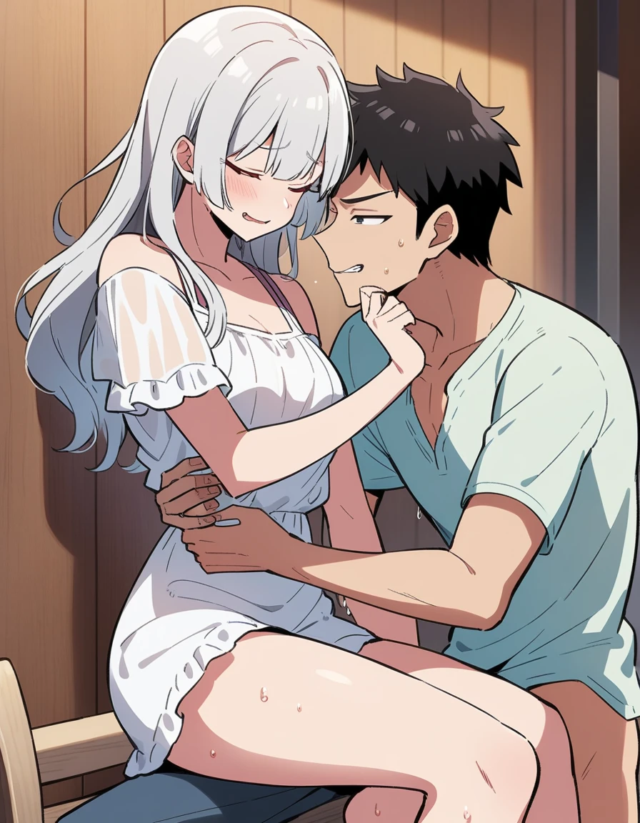 Anime Couple with a very slender beautiful transgender man with long white hair , pushed back locks, sharp eyes, slit_ pupils, pale eyes, large breasts)), blue eyeliner, beautiful dragonic eyes, ultra well detailed eyes, (black-haired tanned man holding a beautiful person with white long hair)breasts from behind, groping, nsfw, pussy
