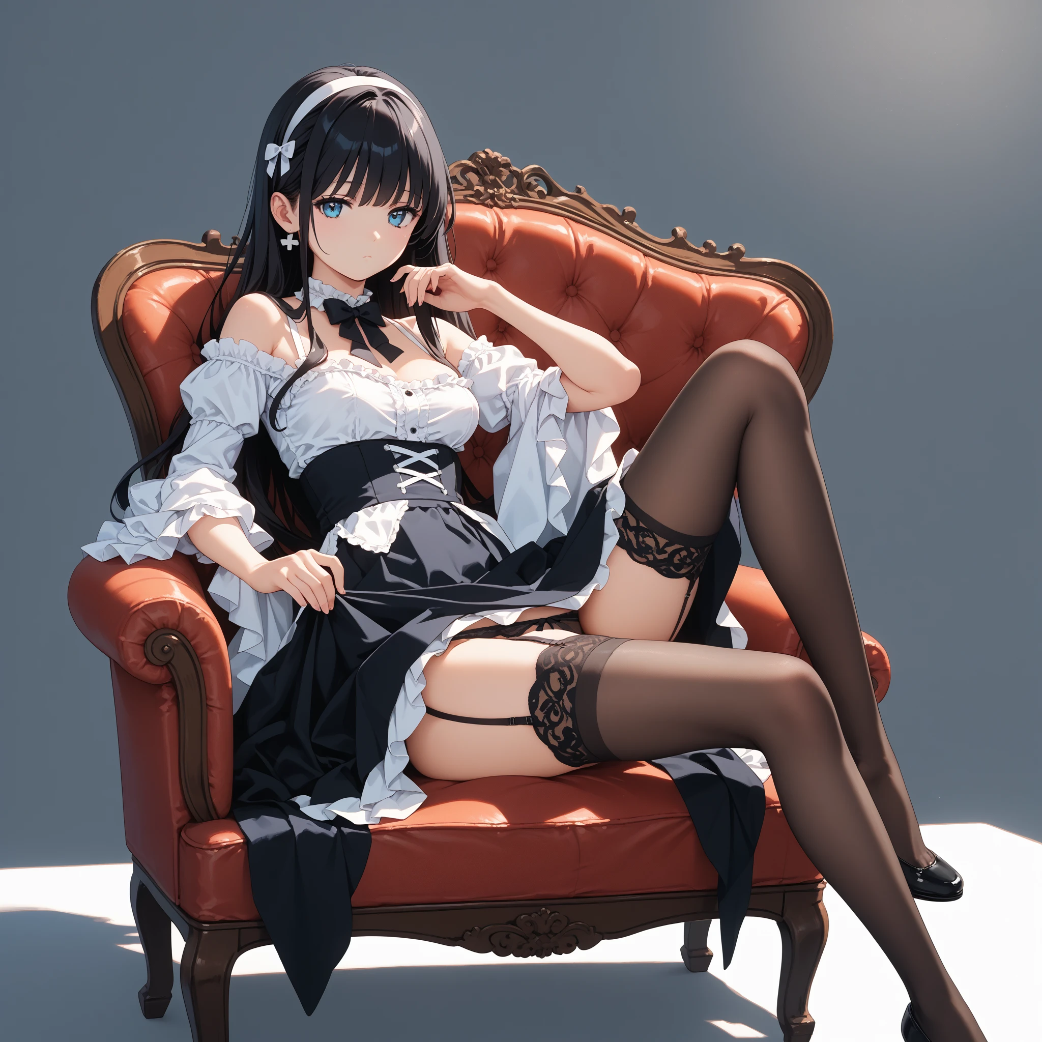 finest, masterpiece, High resolution, (Full body view from head to toe), front, frontやや下からの構図, Symmetrical, 18 year old tall girl, alone, (whole body from head to toe), (small breasts), messy hair, bangs, (black tights), (black pantyhose), (sitting with legs spread apart), (squating pose), (composition showing white panties), (Her legs are spread open and her white panties are visible.), made to sit with legs spread, (M-shaped legs), Slender legs, A very beautiful and tall 18 year old girl, (not wearing shoes), blush, shy big eyes, looking at camera