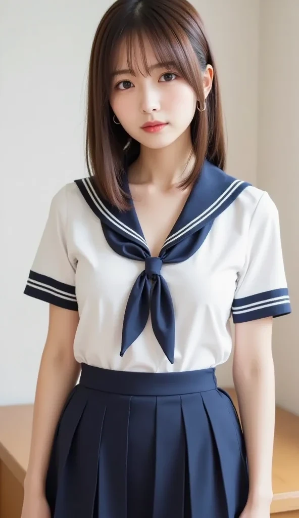 quality,Photo quality,ultra high resolution,professional lighting,,beautiful actress,thin face,Healthy complexion,Japanese,black hair,(short bangs),ponytail,(Japanese high school sailor suit:1.1),small breasts,natural makeup,navel,short sleeve,thin waist,
