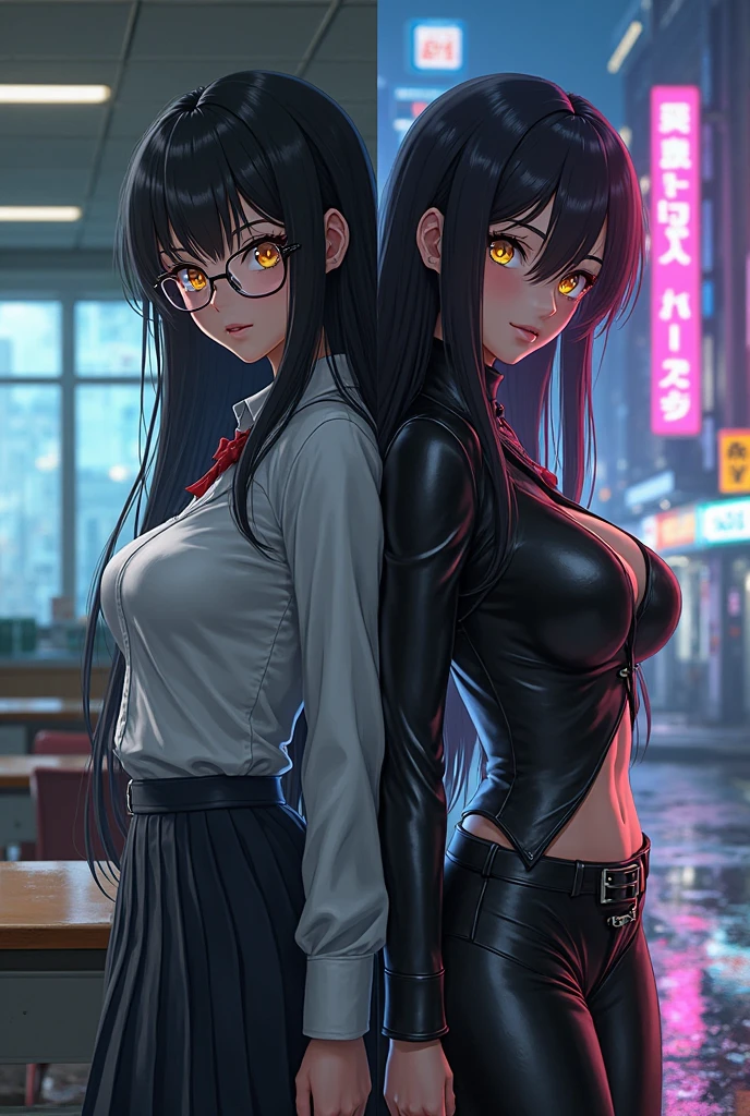 ((Best quality, 8k, Masterpiece :1.3)), Whole body, Sharp focus :1.2, A sexy pretty woman with perfect figure :1.4, sexy body, alone, 1 girl, ((red eyes, long eyelashes, long black hair, twintails hair, Big breasts :1.2)), shiny skin, body dress :1.1, (Night city view, Modern balcony :1.1), Highly detailed face and skin texture, Detailed eyes, OL Uniform, Office Wear, neck tie, white shirt, exposed cleavage, garter belts, stockings, Interior Scene, Office