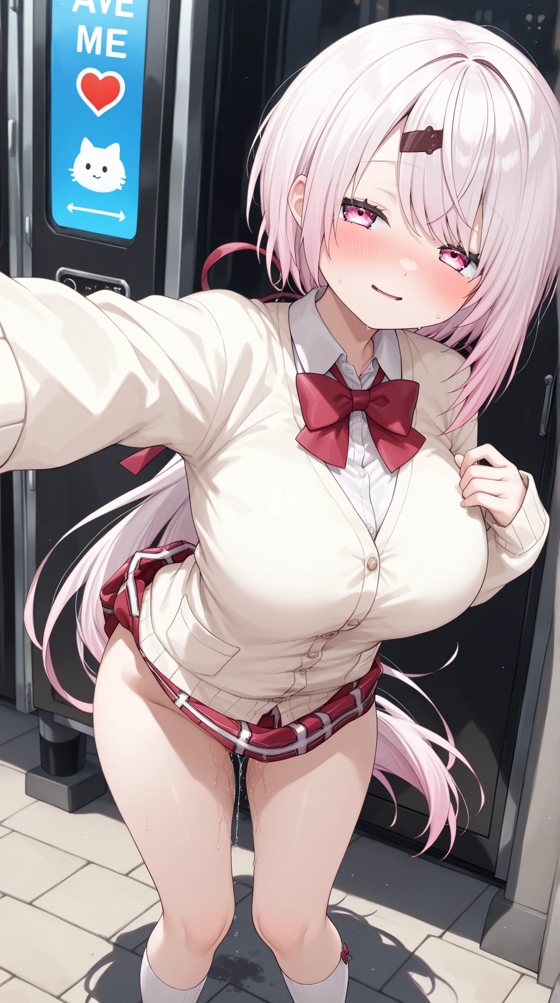 One Girl、Pink Hair、Ahoge、Odd Eye、smile、cute、Skirt Lift、I can see her white panties、Standing posture、classroom