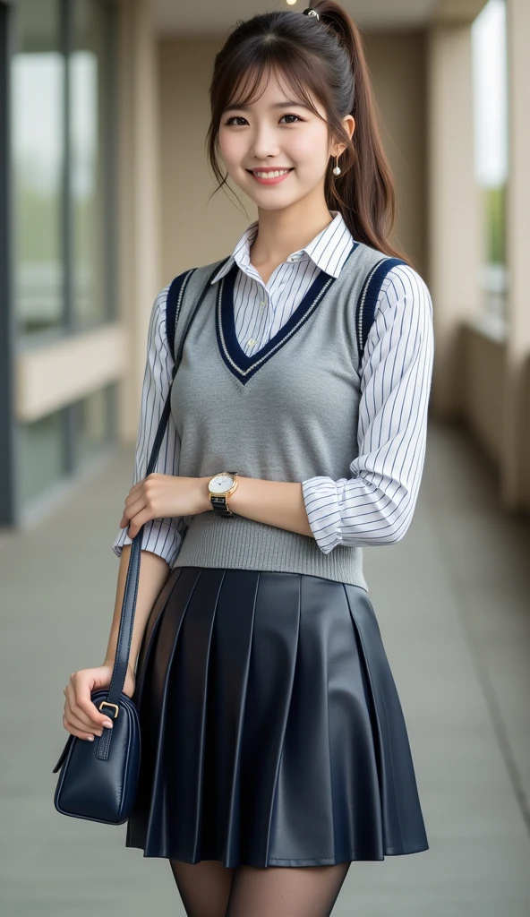 (8k, RAW photo, best quality, master:1.2), (realistic, photo-realistic:1.37), best quality, ultra high res, photon mapping, radiosity, physically-based rendering,bblurry, blurry_foreground, depth_of_field, blurry_background, 照片_ \(medium\), motion_blur,1girl, (全身), long legs, thin legs, Long hair, bairs,(see through bangs), hair_ornament, lips, hairclip, solo, blue_eyes, nosesoft,china,shirt,Gray Plaid百褶裙，不透明的衣服，俯瞰，黑色乐福鞋，大腿高筒，黑色棉袜，（（户外）），