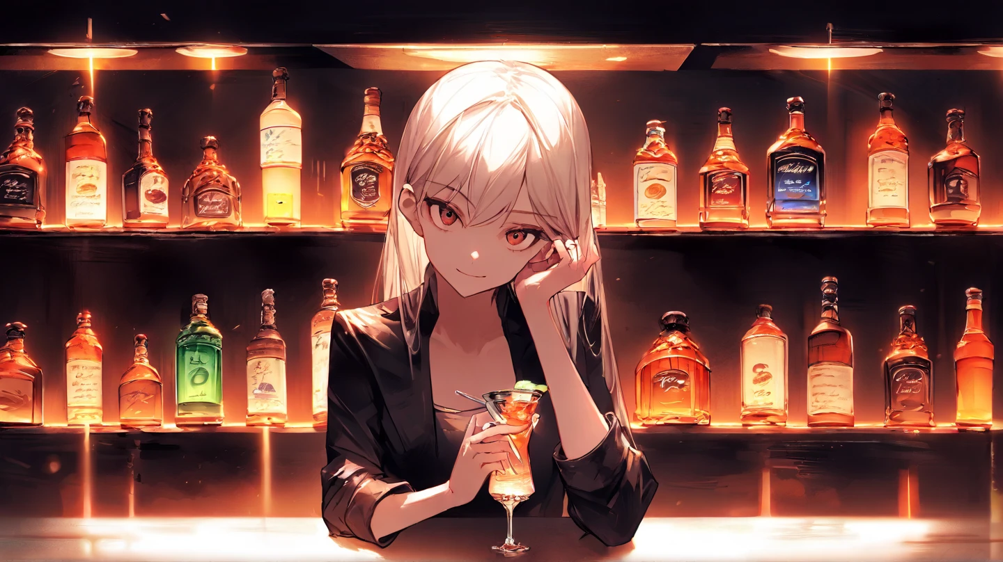 masterpiece, best quality, high quality, detailed, ultra detailed, hyper detailed, insanely detailed, exquisite, beautiful, FHD, Full-HD, 4K, 8K, 16K, highres, absurdres,bar,jazz,(bartender),1girl,wide shot,She makes alcohol