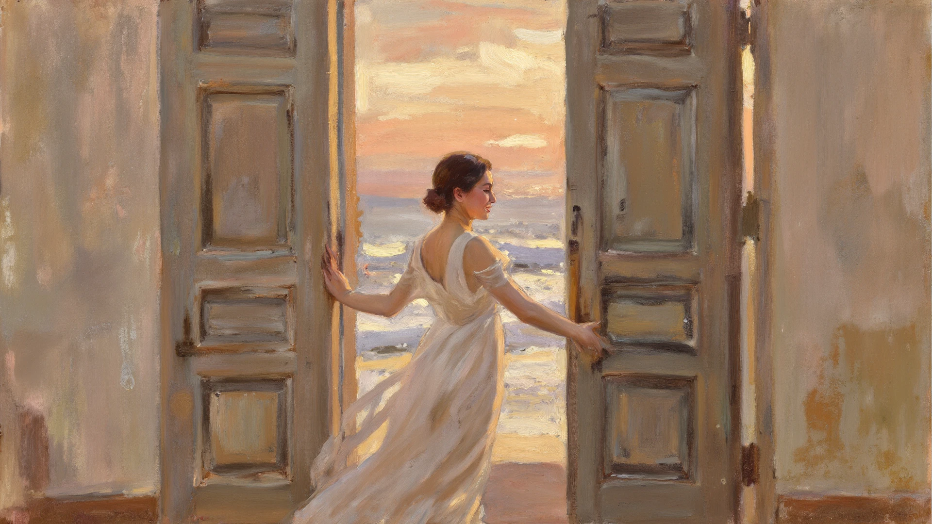 A captivating watercolor painting depicting a playful sultry woman draped in silky fabric, partially revealing her enchanting figure. She stands in front of an open door, with the fabric's intricate patterns and folds adding depth to her unique appearance. The dimly lit room casts shadows and highlights, while a silver light from an unseen source further accentuates her silhouette. The painting exudes a sense of intimacy and intrigue, inviting viewers to explore the story behind this enigmatic figure.
