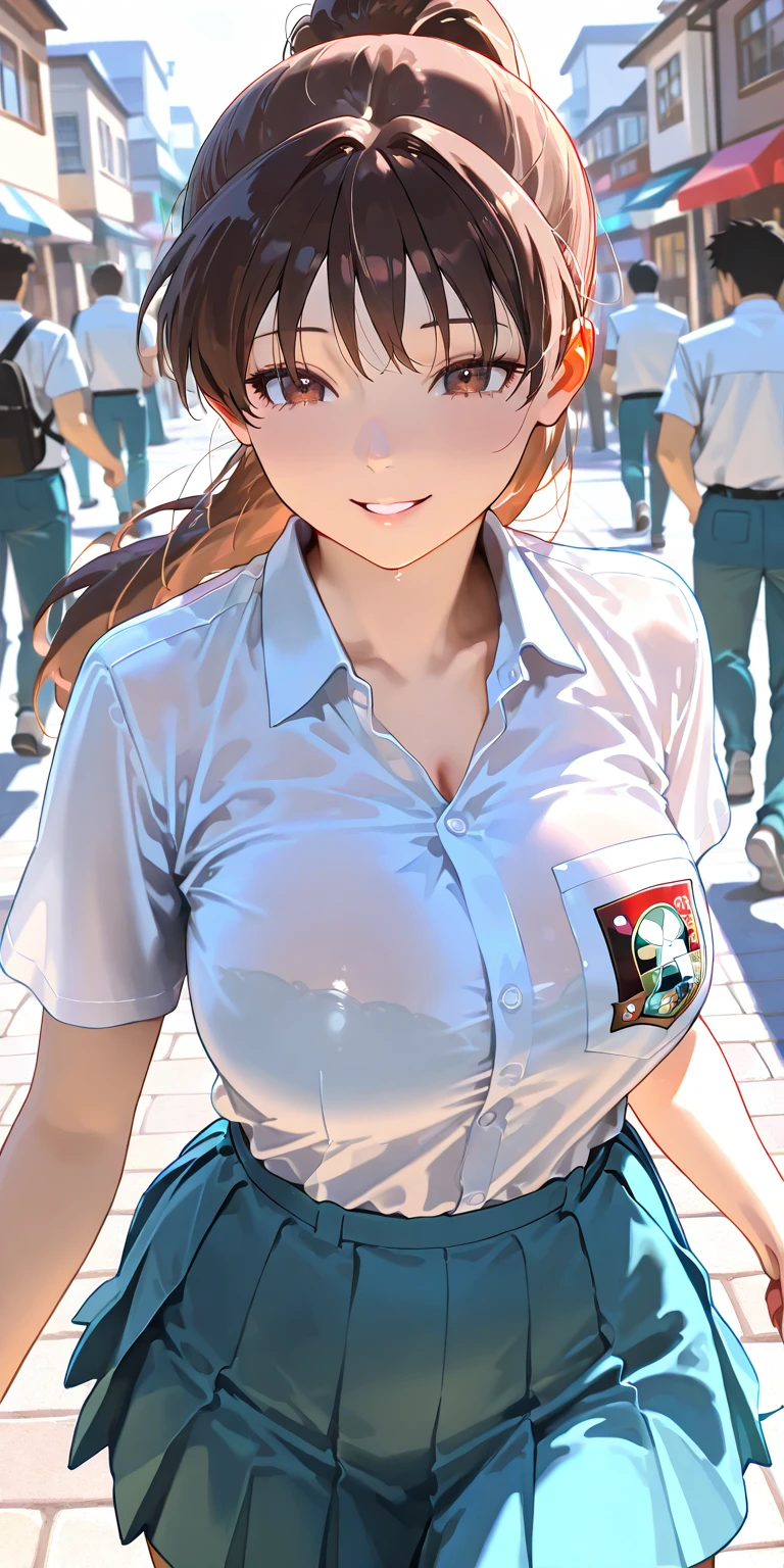 Masterpiece, newest, vibrant, very aesthetic, high contrast, mature woman, Shizuka Minamoto\(Doraemon\), parted lips, smile, brown hair, high ponytail long hair, perfect body, big breast, indonesian high school uniform, transparent white shirt, pleated mini skirt, upper body, walking on the path, crowded, town, best quality, semrealistic, fullmetal alchemist anime style, view from above
