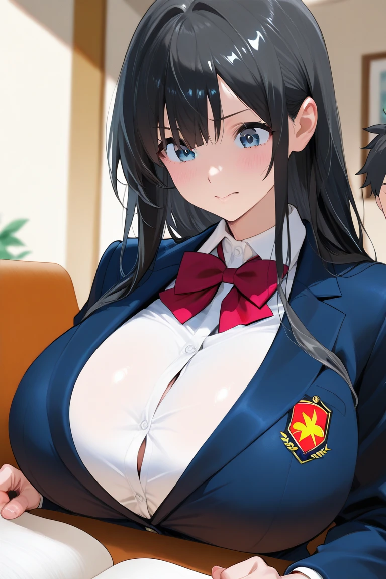 (upper body,from front),(1 girl,drooping eyes,smile,point at viewer,brown skin),(gigantic breasts:1.5),(short hair,black hair,clothed,red blazer,black miniskirt),dutch angle,close to viewer,in darkroom
