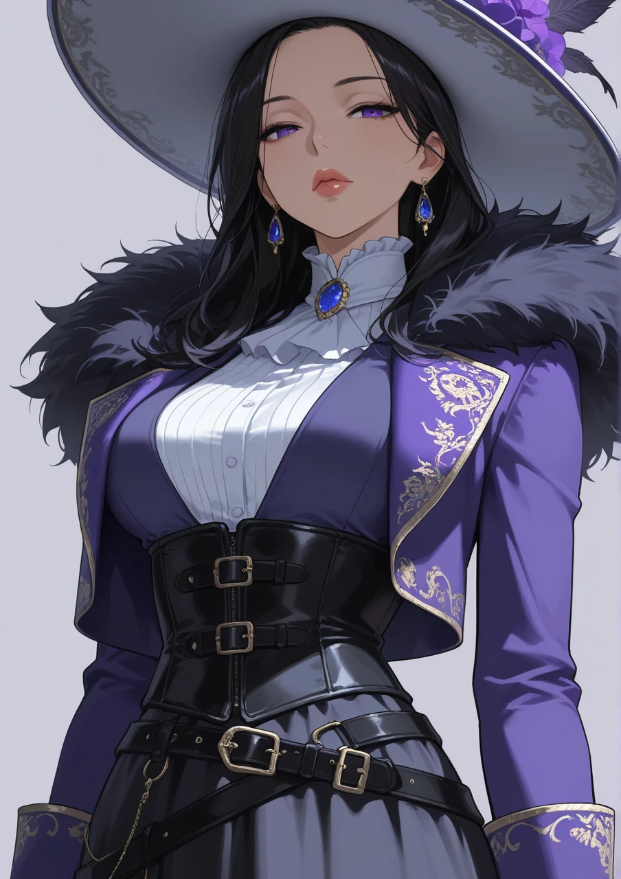 1girl, jewelry, solo, tassel earrings, purple hair, looking at viewer, holding, long hair, shirt, white shirt, hairband, jacket, long sleeves, closed mouth, open clothes, brooch, gem, coat, skirt, brown eyes, katsuragi misato, off shoulder, orange jacket, parted bangs, hair intakes,(huge breasts),shiny skin,(mature female:1.2),carofano,